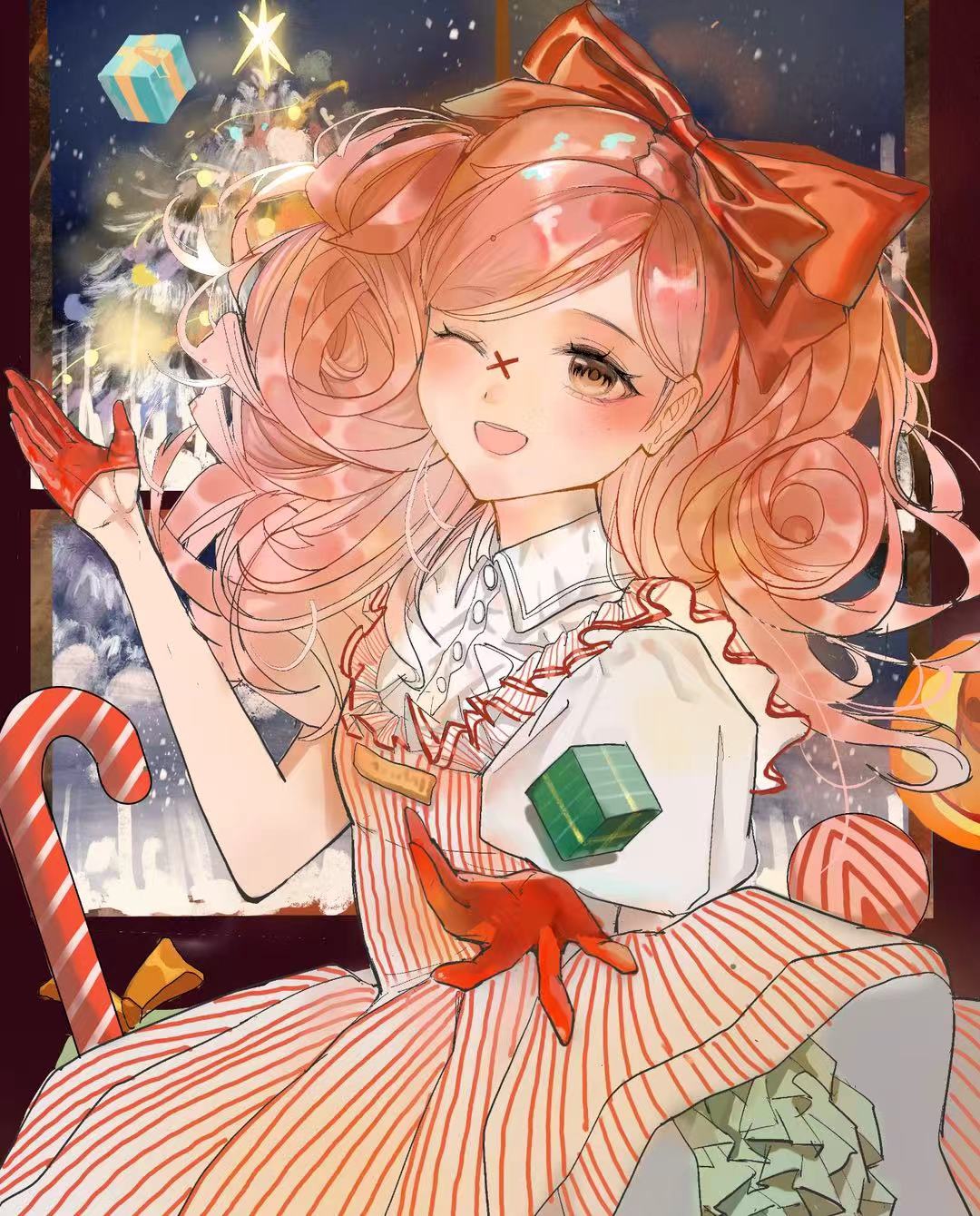 stylist (nikki), infinity nikki, nikki (series), chinese commentary, commentary request, highres, 1girl, bow, brown eyes, buttons, candy, candy cane, christmas, christmas ornaments, christmas tree, collared shirt, cowboy shot, curly hair, dot nose, dress, dress shirt, eyelashes, facepaint, floating clothes, food, frilled dress, frills, gift, gloves, hair bow, half gloves, happy, large bow, light blush, long hair, looking at viewer, night, object floating above hand, one eye closed, open mouth, pinafore dress, pink hair, puffy short sleeves, puffy sleeves, red bow, red dress, red gloves, shirt, short dress, short sleeves, sleeveless, sleeveless dress, smile, snowing, solo, striped clothes, striped dress, teeth, two-tone dress, upper teeth only, vertical-striped clothes, vertical-striped dress, white dress, white shirt, window, xiankafei55823