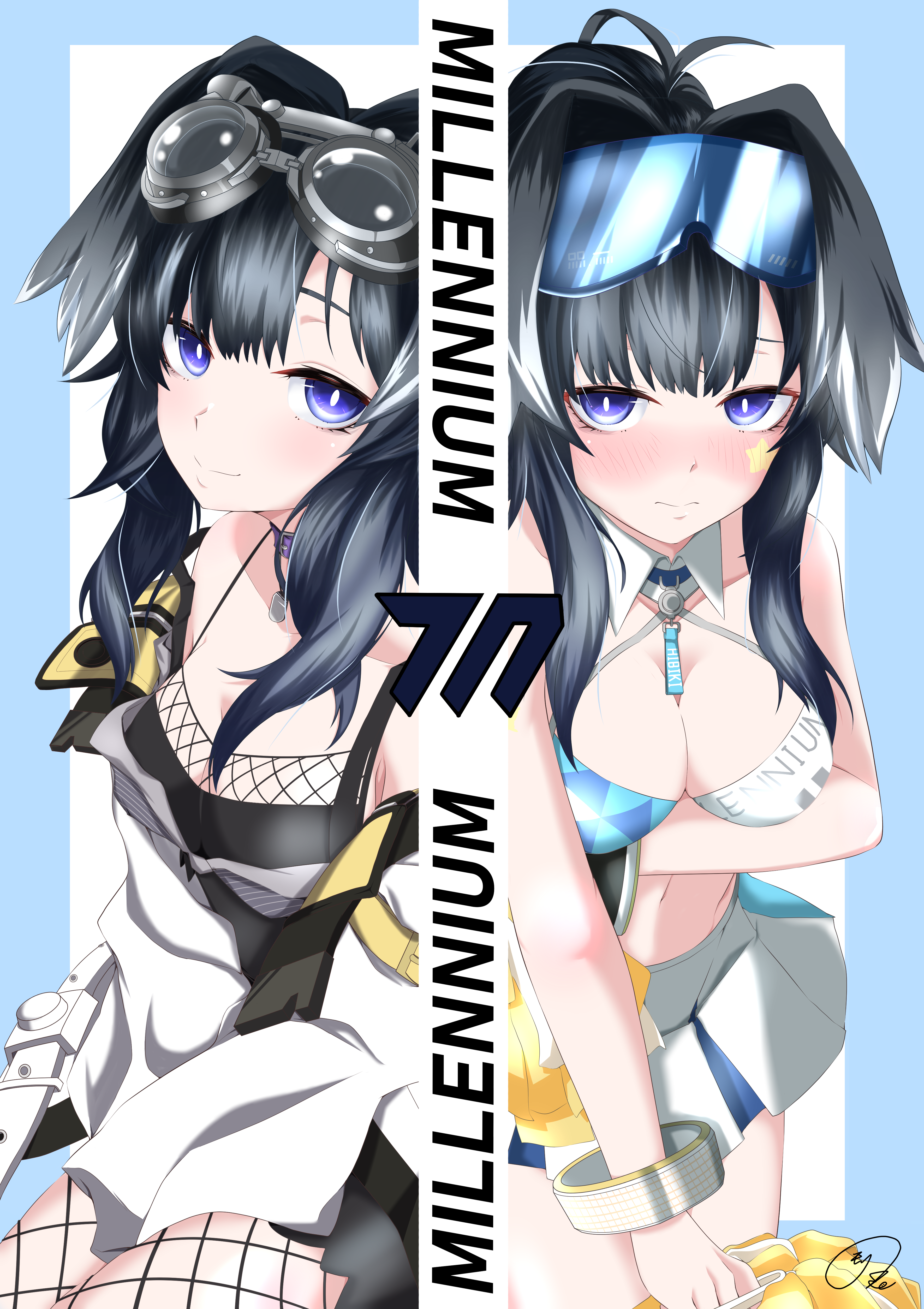 maximum7010, hibiki (blue archive), hibiki (cheer squad) (blue archive), blue archive, absurdres, commentary request, highres, 1girl, 3:, arm under breasts, bare shoulders, black dress, black hair, blue border, blue eyes, blush, border, breasts, bright pupils, character name, cheerleader, cleavage, closed mouth, cowboy shot, detached collar, dress, embarrassed, eyebrows hidden by hair, eyelashes, fishnet pantyhose, fishnets, floppy ears, frown, goggles, goggles on head, hair between eyes, holding, holding pom poms, large breasts, long hair, looking at viewer, millennium cheerleader outfit (blue archive), millennium science school logo, miniskirt, multiple views, name tag, navel, nose blush, official alternate costume, outside border, pantyhose, pleated skirt, pom pom (cheerleading), pom poms, short dress, sidelocks, signature, simple background, skirt, sleeveless, sleeveless dress, slit pupils, smile, split mouth, sports bra, upturned eyes, white background, white pupils, white skirt, white wrist cuffs, wrist cuffs