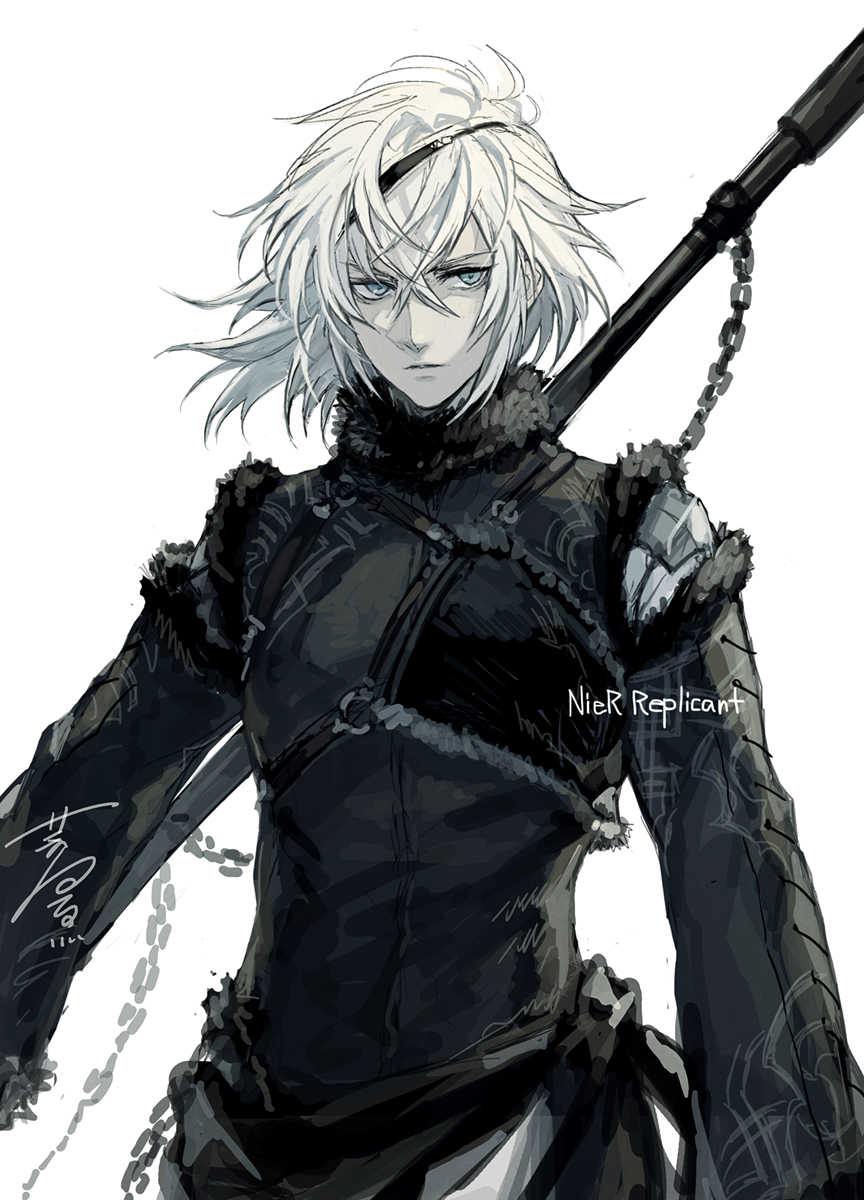hagiya kaoru, nier (brother), nier (brother) (post timeskip), nier, nier (series), commentary request, highres, 1boy, bishounen, black fur, chain, closed mouth, cowboy shot, crossed bangs, floating hair, fur-trimmed collar, fur trim, grey eyes, holding, holding polearm, holding weapon, long sleeves, looking to the side, male focus, polearm, sideways glance, simple background, solo, standing, weapon, white background, white hair