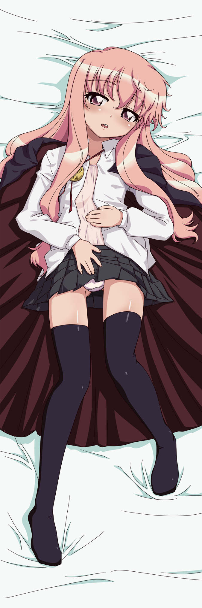 craft108, louise francoise le blanc de la valliere, zero no tsukaima, highres, long image, tall image, 00s, bed, blush, cape, dakimakura (medium), panties, pink eyes, skirt, thighhighs, underwear