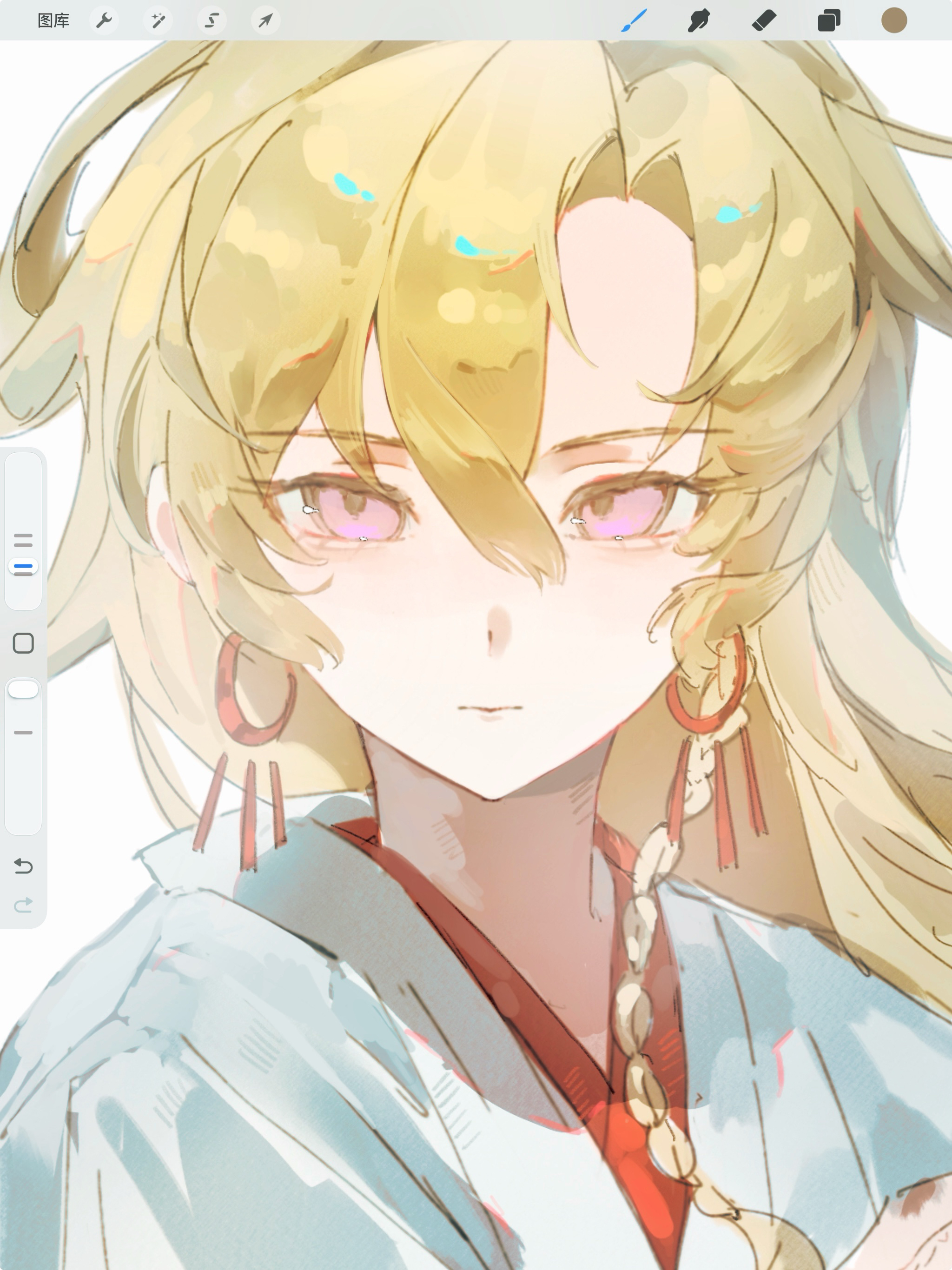 liningne, aibyou sekai, absurdres, commentary, highres, procreate (medium), symbol-only commentary, 1boy, art program in frame, blonde hair, braid, closed mouth, earrings, hair between eyes, japanese clothes, jewelry, kimono, long hair, looking at viewer, male focus, pink eyes, portrait, procreate (software), simple background, single braid, solo, white background, white kimono, yuishiro egou