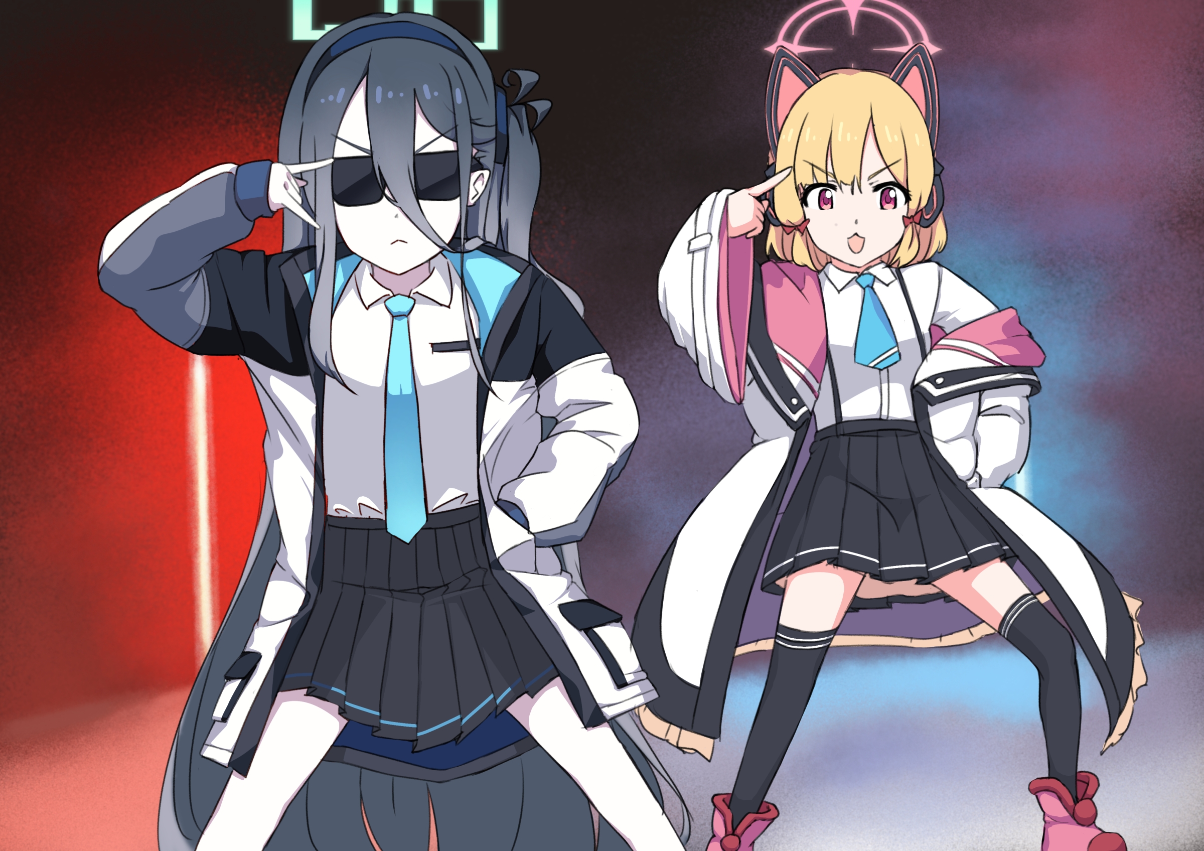 kuroneghi, aris (blue archive), momoi (blue archive), blue archive, commentary request, highres, 2girls, :d, m/, black skirt, black thighhighs, cowboy shot, foot out of frame, hair between eyes, halo, jacket, long sleeves, miniskirt, multiple girls, open clothes, open jacket, open mouth, pink eyes, pink shoes, pleated skirt, rectangular halo, shoes, skirt, sleeves past wrists, smile, sunglasses, suspender skirt, suspenders, thighhighs, watercolor background, white hair, wide sleeves