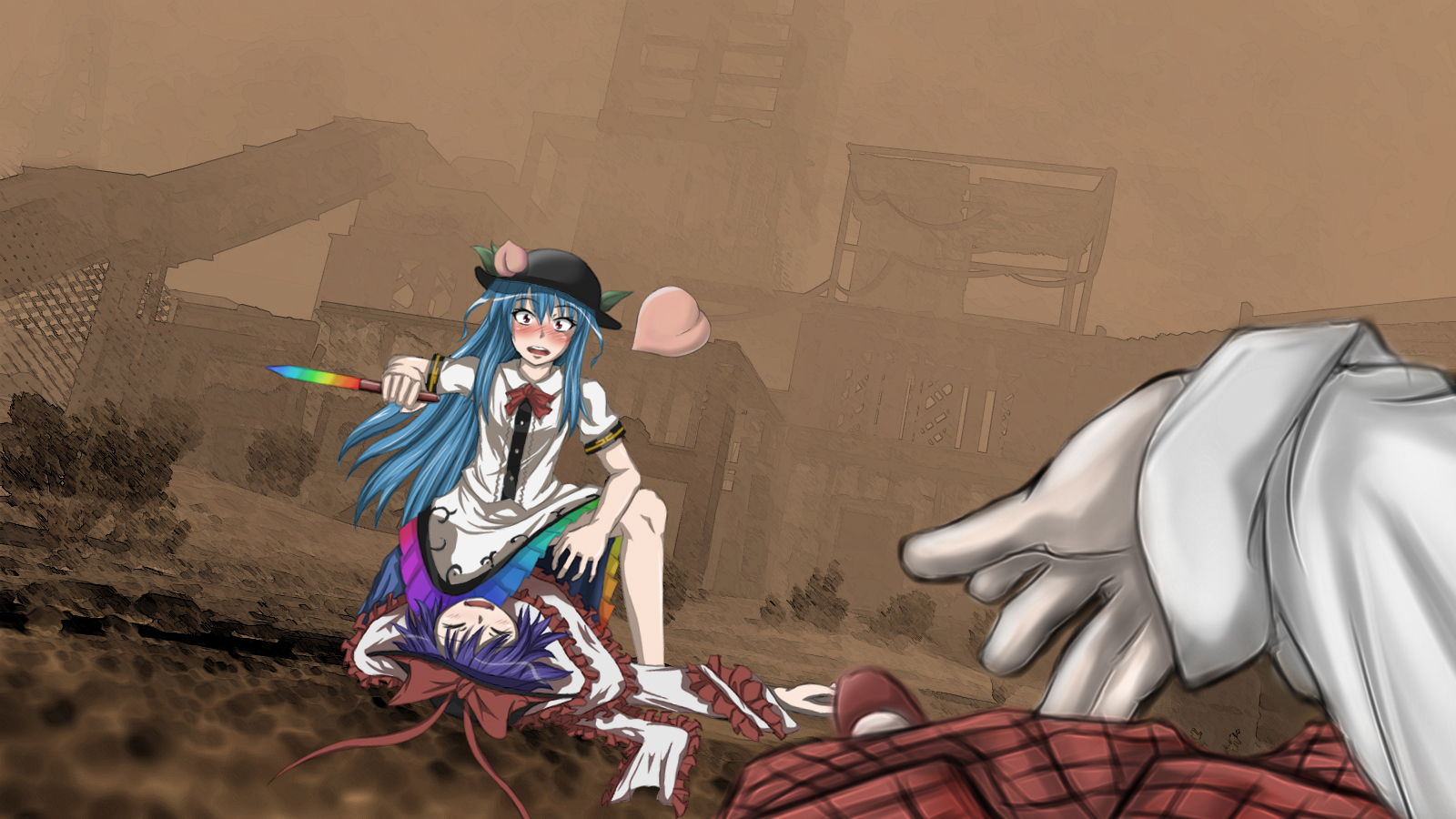 monizumi ishikawa, hinanawi tenshi, kazami yuuka, nagae iku, call of duty, call of duty: modern warfare 2, touhou, highres, md5 mismatch, spoilers, 2girls, blue hair, blush, closed eyes, crossover, food, fruit, hat, knife, long hair, multiple girls, parody, peach, plaid clothes, plaid skirt, plaid vest, pov, purple hair, red eyes, shawl, skirt, skirt set, throwing, vest