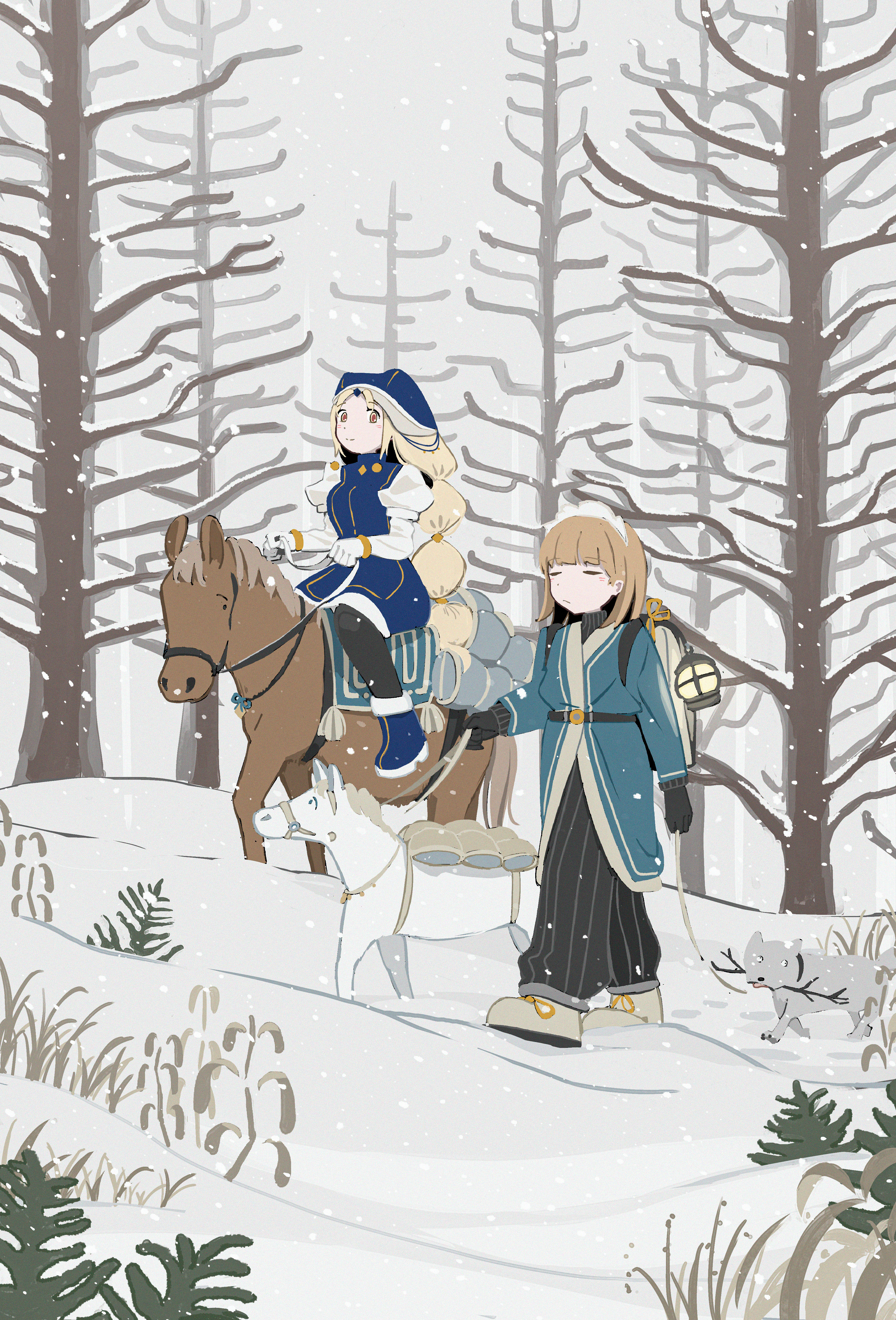harumaki gohan, original, absurdres, clip studio paint (medium), commentary request, highres, 2girls, bare tree, black gloves, blonde hair, blue boots, blue coat, blue hat, boots, coat, gloves, hat, horse, long hair, medium hair, multi-tied hair, multiple girls, outdoors, pants, pinstripe pants, pinstripe pattern, riding, snow, tree, very long hair, winter