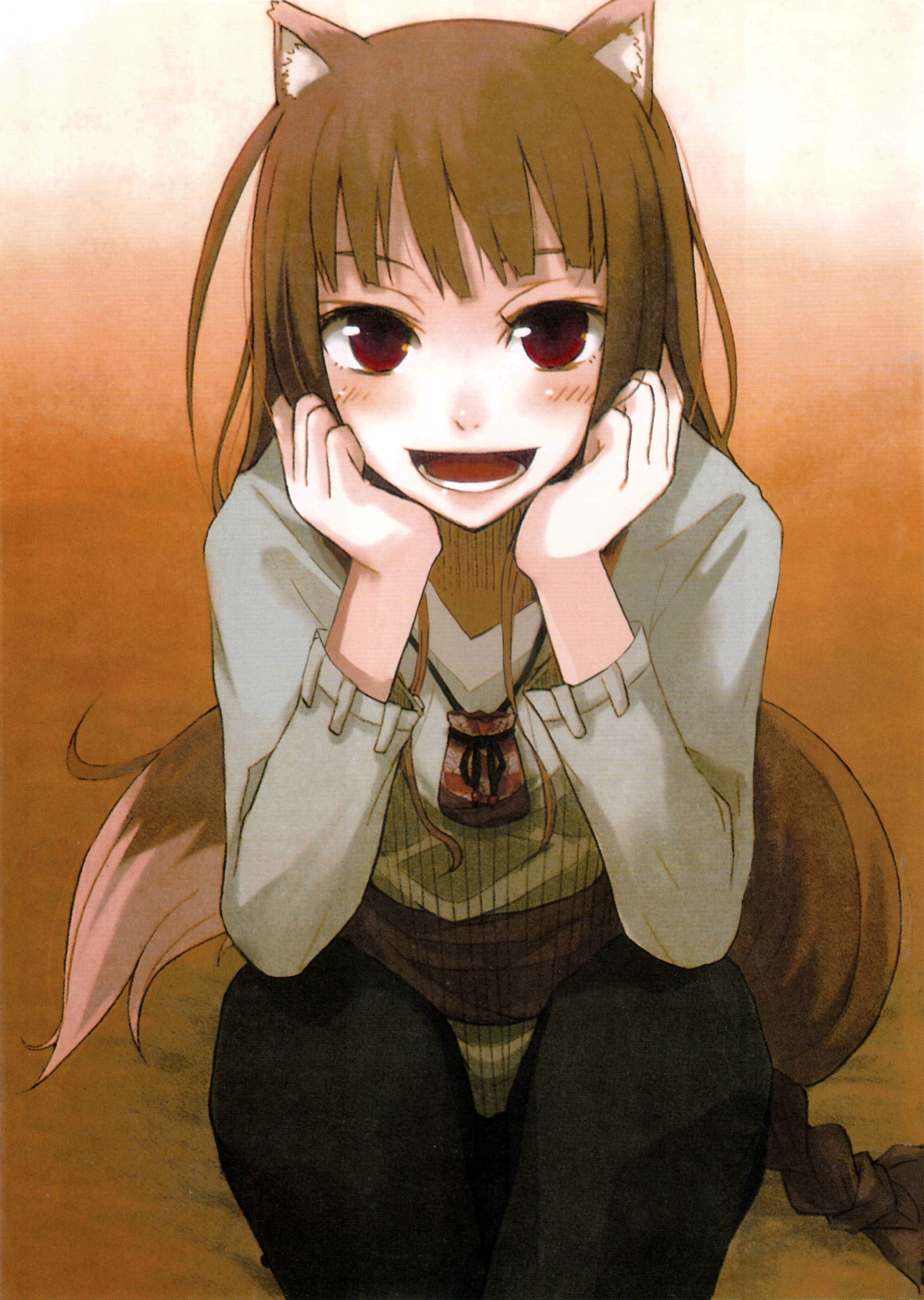 ayakura juu, holo, spice and wolf, absurdres, highres, 00s, 1girl, animal ears, female focus, gradient background, solo, tail, wolf ears, wolf tail