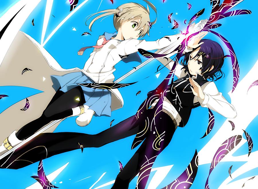 edato, gopher (soul eater), maka albarn, soul eater, bad id, bad pixiv id, jpeg artifacts, 00s, 1boy, 1girl, black hair, black pantyhose, book, boots, coat, flying, green eyes, hair ornament, hairpin, jacket, magic, pantyhose, ringed eyes, school uniform, scythe, serafuku, short hair