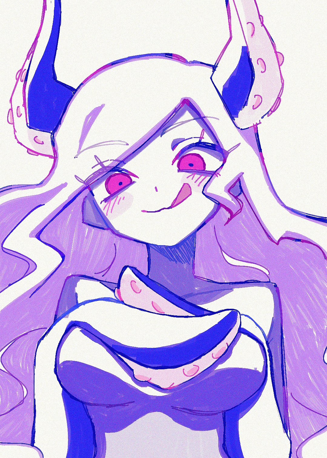 yksm oe, molly (omori), omori, commentary request, highres, 1girl, bare shoulders, blue skin, blush, breasts, closed mouth, collarbone, colored skin, grey hair, large breasts, long hair, looking at viewer, red eyes, simple background, smile, solo, tentacle hair, tongue, tongue out, upper body, white background