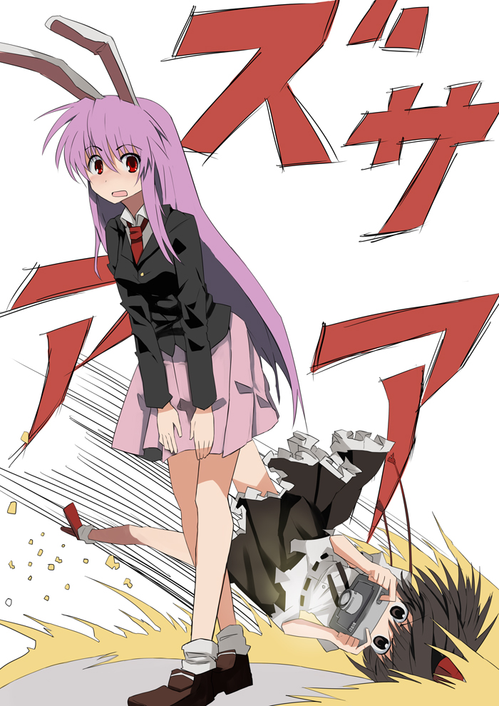 mieharu, reisen udongein inaba, shameimaru aya, touhou, 2girls, animal ears, black eyes, black hair, blazer, blush, camera, dive, female focus, geta, hat, jacket, long hair, multiple girls, necktie, purple hair, rabbit ears, red eyes, ribbon, short hair, skirt, tengu-geta, tokin hat