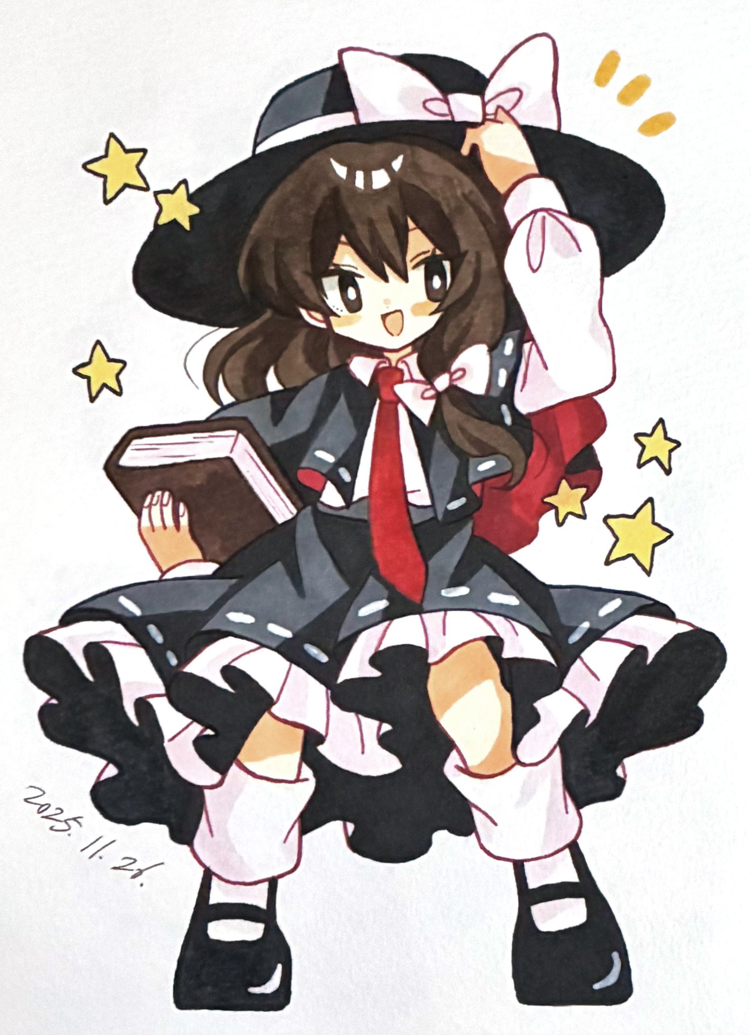 furiba 794, usami renko, touhou, commentary, highres, 1girl, :d, adjusting clothes, adjusting headwear, asymmetrical hair, black capelet, black hat, black shoes, black skirt, blush stickers, book, bow, brown eyes, brown hair, capelet, collared shirt, dated, deformed, frilled skirt, frills, hair between eyes, hair bow, hat, hat bow, holding, holding book, long sleeves, mary janes, medium hair, necktie, notice lines, open mouth, red necktie, ribbon-trimmed capelet, ribbon-trimmed skirt, ribbon trim, shirt, shoes, simple background, skirt, smile, socks, solo, standing, star (symbol), white background, white bow, white shirt, white socks, wide brim