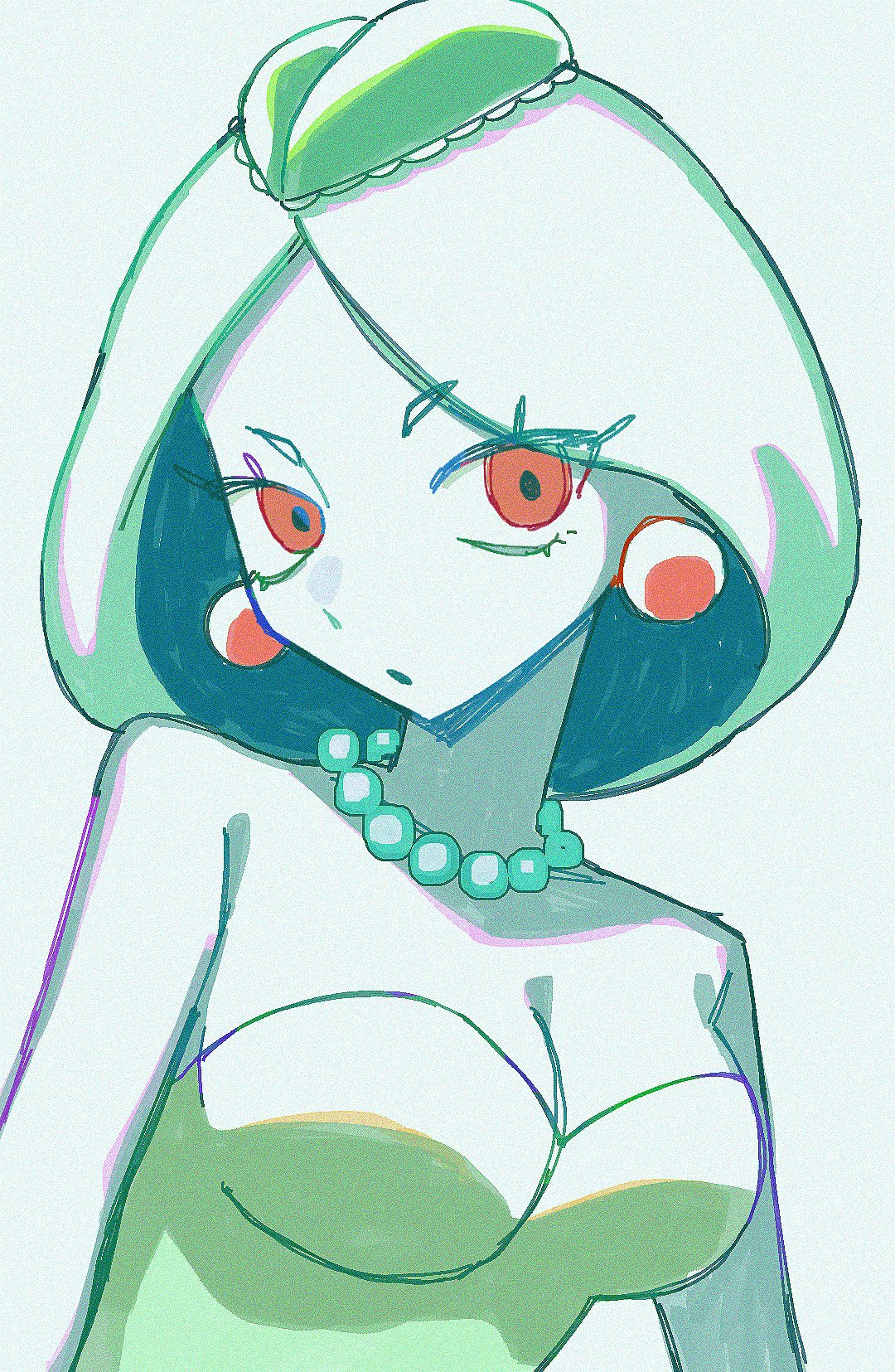 yksm oe, medusa (omori), omori, commentary request, highres, 1girl, bare shoulders, breasts, cleavage, colored skin, earrings, green background, green hair, green skin, jewelry, large breasts, looking at viewer, necklace, parted lips, red eyes, short hair, simple background, solo, upper body