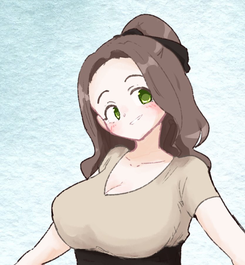 olto rondo, original, 1girl, black bow, blue background, blush, bow, breasts, brown hair, brown shirt, cleavage, collarbone, forehead, green eyes, hair bow, large breasts, long hair, looking at viewer, shirt, short sleeves, smile, solo, tareme, upper body
