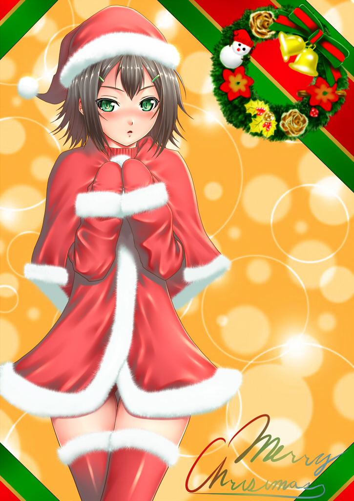 zucchini, kinoshita hideyoshi, baka to test to shoukanjuu, bad id, bad pixiv id, 1boy, blush, brown hair, christmas, green eyes, hair ornament, hairclip, hat, male focus, santa costume, santa hat, solo, thighhighs, trap, wreath, zettai ryouiki