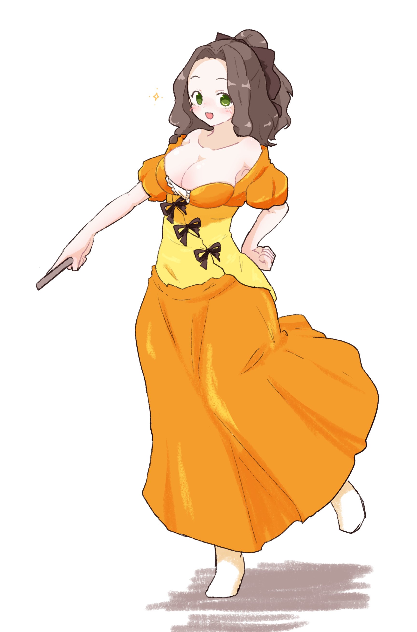 olto rondo, original, absurdres, highres, 1girl, :d, black bow, blush, bow, breasts, brown hair, cleavage, dress, forehead, full body, green eyes, hair bow, holding, large breasts, long dress, long hair, looking at viewer, open mouth, orange dress, puffy short sleeves, puffy sleeves, short sleeves, simple background, smile, solo, standing, standing on one leg, tareme, white background