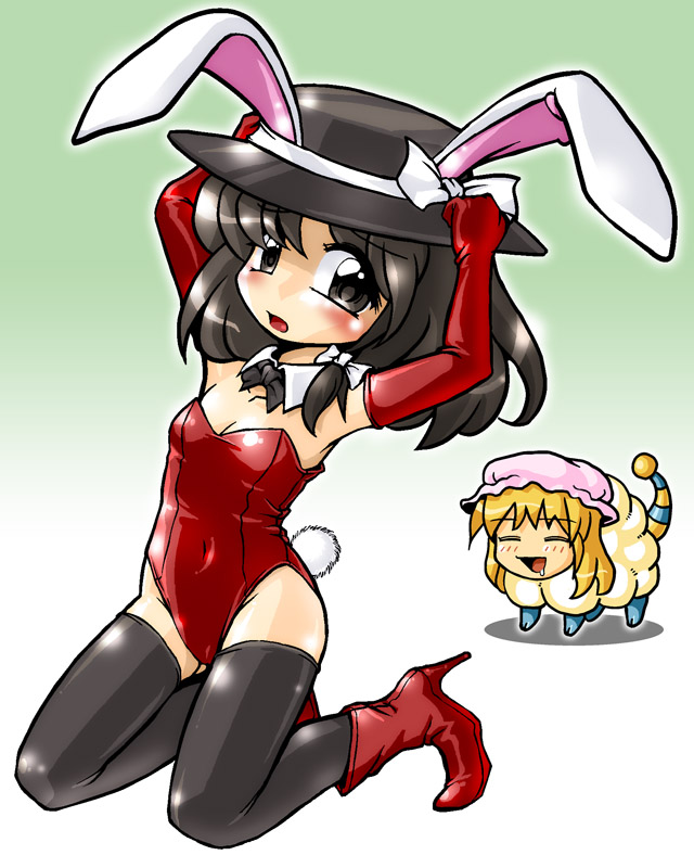 winn, mareep, maribel hearn, usami renko, ghostly field club, nintendo, pokemon, touhou, 2girls, animal ears, animalization, black hair, blonde hair, boots, brown eyes, closed eyes, drooling, elbow gloves, female focus, gen 2 pokemon, gloves, hat, high heels, kneeling, multiple girls, playboy bunny, pokemon (creature), rabbit ears, rabbit tail, ribbon, saliva, shoes, tail, thighhighs