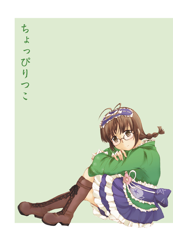 ds (artist), ds (ndsl), akizuki ritsuko, idolmaster, idolmaster (classic), translation request, 00s, 1girl, blush, braid, brown eyes, brown hair, female focus, glasses, green kimono, japanese clothes, kimono, lolita fashion, maid, short hair, smile, solo, twin braids, twintails, wa lolita, wa maid, yukata, yukata maid (idolmaster)