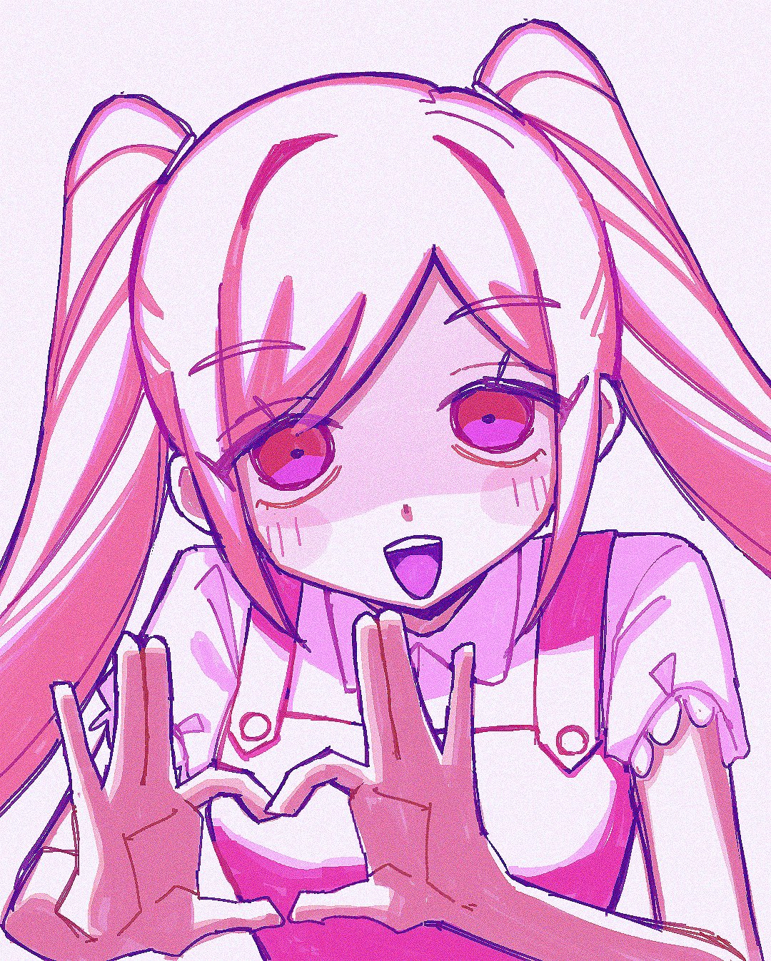 yksm oe, perfectheart (omori), omori, commentary request, highres, 1girl, blush, collared shirt, dark-skinned female, dark skin, four-finger heart hands, heart, heart hands, long hair, looking at viewer, open mouth, pink eyes, pink hair, shirt, short sleeves, sidelocks, simple background, smile, solo, teeth, tongue, twintails, upper body, upper teeth only, white background, white shirt