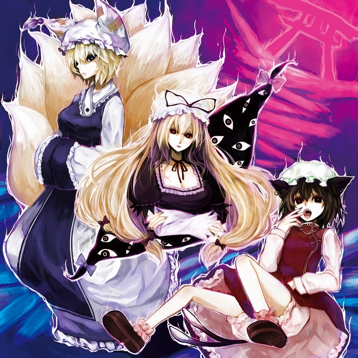 koushi rokushiro, chen, yakumo ran, yakumo yukari, touhou, 3girls, animal ears, breasts, cat ears, cat girl, cat tail, dress, female focus, gap (touhou), gradient background, hat, long hair, multiple girls, multiple tails, short hair, tail, underwear