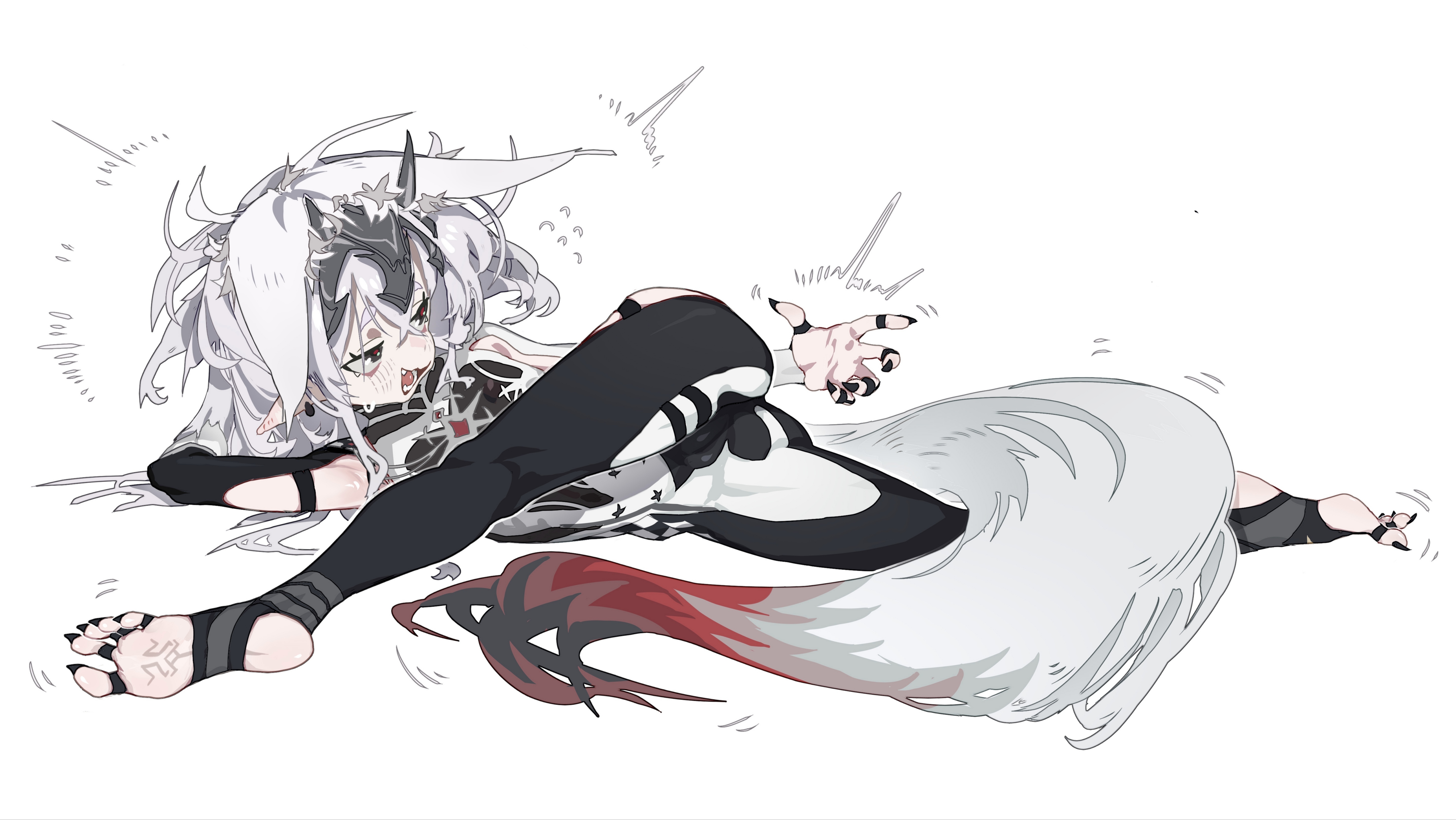 loongm, absurdres, commentary, highres, armpit cutout, black nails, clothing cutout, feet, pointy ears, stirrup legwear, toeless legwear, white hair