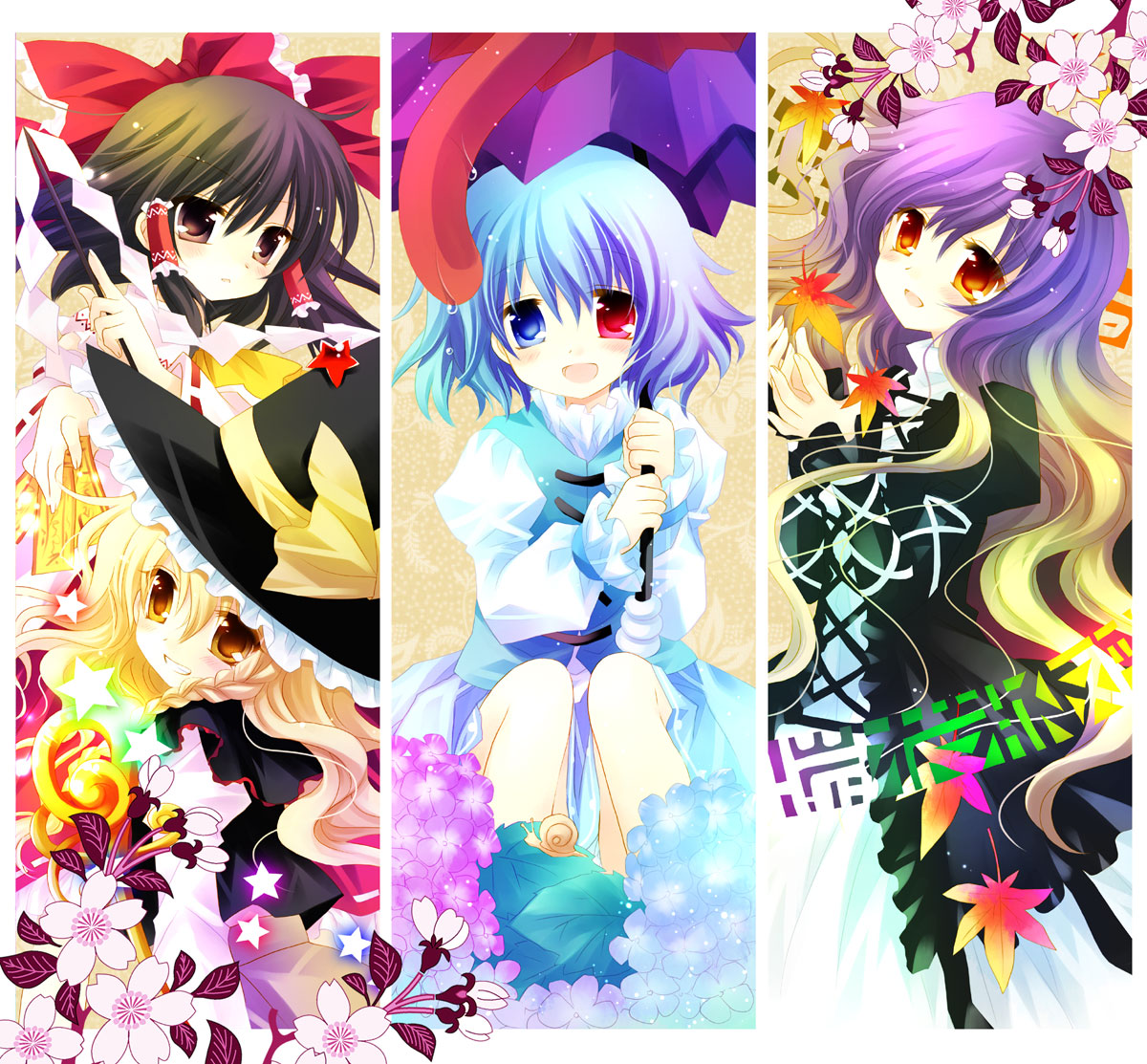sakurazawa izumi, hakurei reimu, hijiri byakuren, kirisame marisa, tatara kogasa, touhou, 4girls, blonde hair, blue eyes, blue hair, bow, braid, brown hair, cherry blossoms, colorful, detached sleeves, dress, female focus, flower, gohei, gradient hair, grin, hair bow, hat, heterochromia, hydrangea, japanese clothes, karakasa obake, long hair, miko, multicolored hair, multiple girls, red eyes, short hair, smile, snail, sorcerer's sutra scroll, star (symbol), tareme, tongue, umbrella, witch, witch hat, yellow eyes