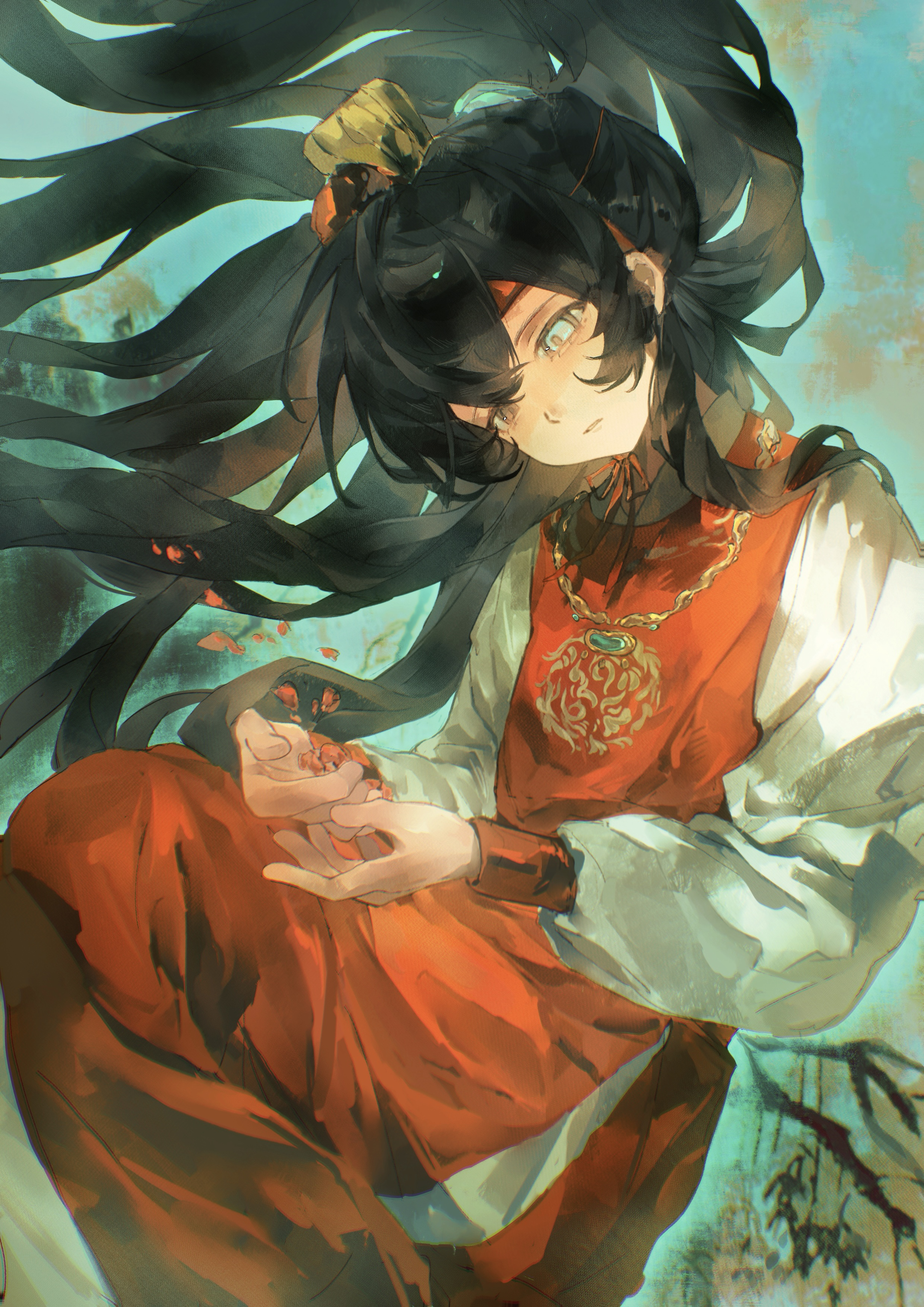 liningne, hong lu (project moon), limbus company, project moon, absurdres, chinese commentary, commentary request, highres, 1boy, black eyes, black hair, blue eyes, chinese clothes, dress, floating hair, heterochromia, invisible chair, jewelry, long hair, long sleeves, male focus, necklace, red dress, shirt, side slit, sitting, solo, very long hair, white shirt