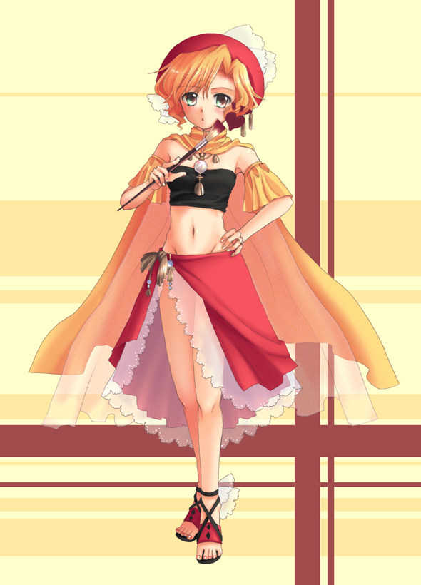 en la festa, relm arrowny, final fantasy, final fantasy vi, 1990s (style), 1girl, bare shoulders, blonde hair, blue eyes, cape, female focus, full body, hat, heart, jewelry, midriff, navel, necklace, paintbrush, pendant, sandals, short hair, solo, strapless, tube top