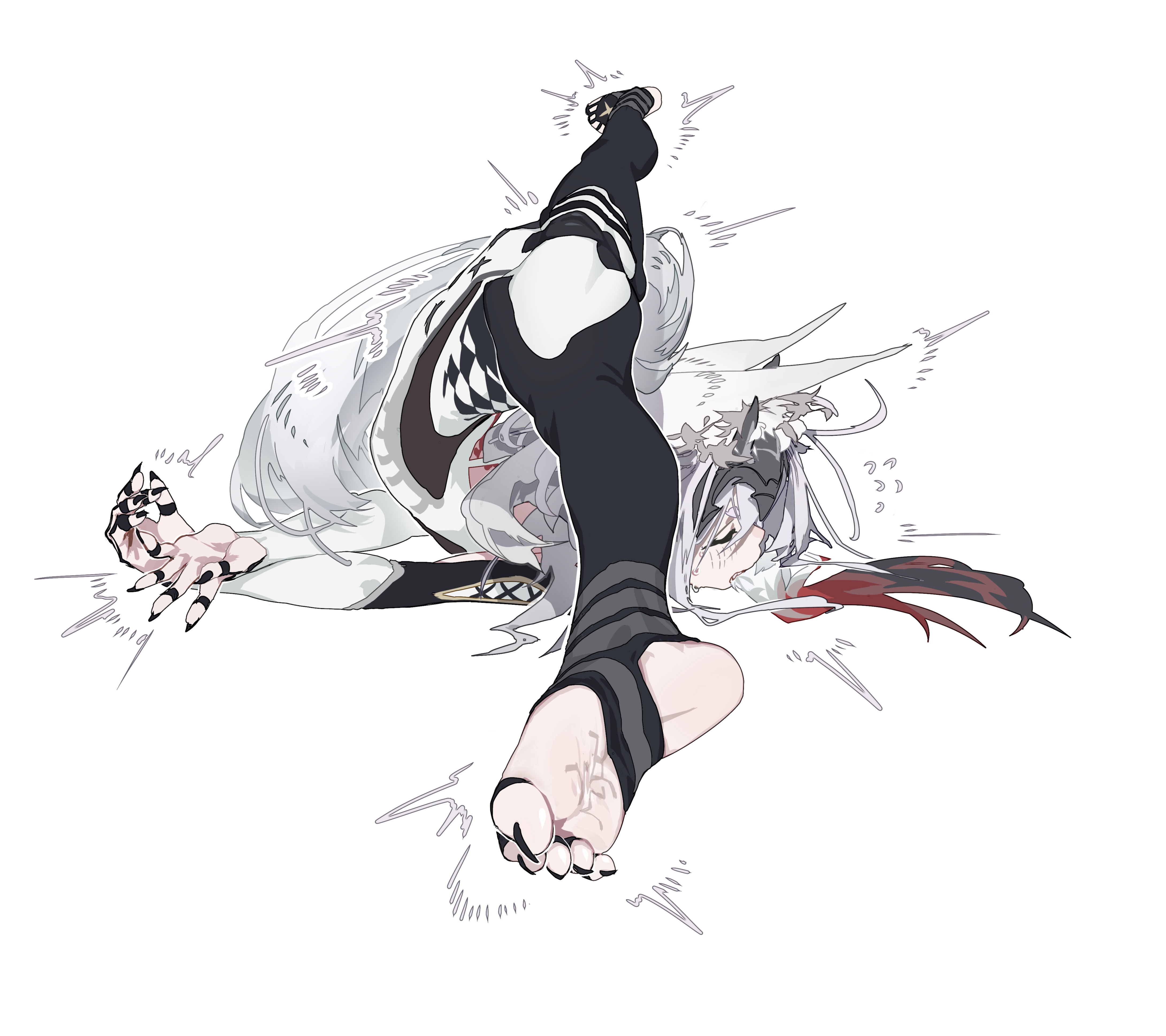 loongm, absurdres, commentary, highres, armpit cutout, black nails, clothing cutout, feet, pointy ears, split, stirrup legwear, toeless legwear, white hair