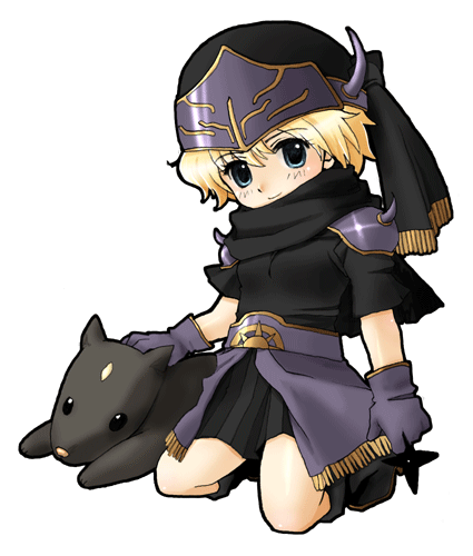 en la festa, interceptor, relm arrowny, shadow (ff6), final fantasy, final fantasy vi, lowres, 1990s (style), 1girl, blonde hair, blue eyes, chibi, cosplay, dog, female focus, full body, gloves, helmet, kneeling, miniskirt, ninja, retro artstyle, shadow (ff6) (cosplay), short hair, shoulder pads, simple background, skirt, solo