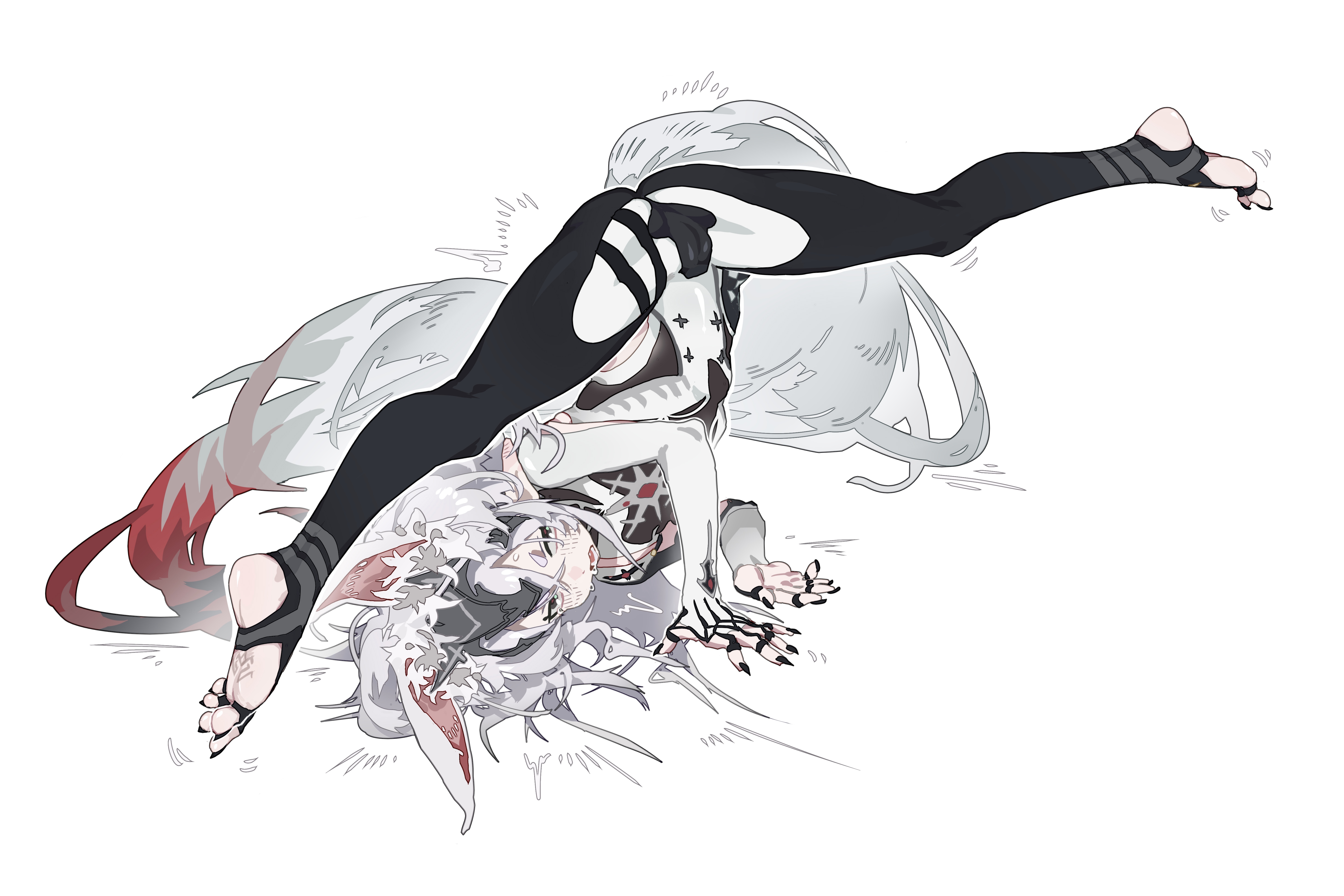loongm, absurdres, commentary, highres, armpit cutout, black nails, clothing cutout, feet, pointy ears, stirrup legwear, toeless legwear, white hair