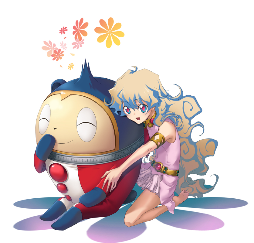 yuuta (pixiv189294), kuma (persona 4), nia teppelin, atlus, persona, persona 4, tengen toppa gurren lagann, + +, 00s, 1girl, bracelet, cross-shaped pupils, crossover, dress, jewelry, long hair, multicolored hair, pink dress, pink skirt, skirt, symbol-shaped pupils, very long hair