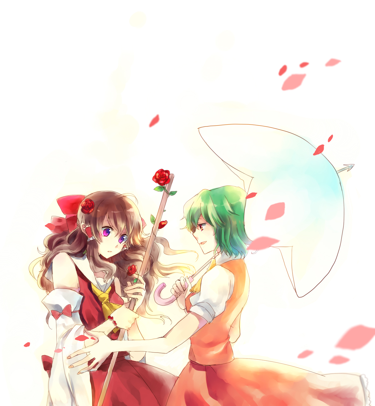 nr (cerumia), nr (cmnrr), nr (pixiv), hakurei reimu, kazami yuuka, phantasmagoria of flower view, touhou, bad id, bad pixiv id, highres, 2girls, bow, brown hair, detached sleeves, female focus, flower, green hair, hair bow, hair tubes, japanese clothes, long hair, miko, multiple girls, petals, purple eyes, red eyes, red flower, red rose, ribbon, rose, short hair, skirt, skirt set, smile, umbrella, vest, wind