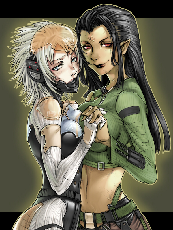 drowdragon, raiden (metal gear), vamp (metal gear), metal gear (series), metal gear solid 4: guns of the patriots, 2girls, armor, belt, black hair, blue eyes, breast press, breasts, cyborg, dark-skinned female, dark skin, elf, female focus, genderswap, genderswap (mtf), grey hair, helmet, holding hands, interlocked fingers, jewelry, large breasts, long hair, midriff, momos, multiple girls, navel, necklace, pointy ears, red eyes, smile, symmetrical docking, veins
