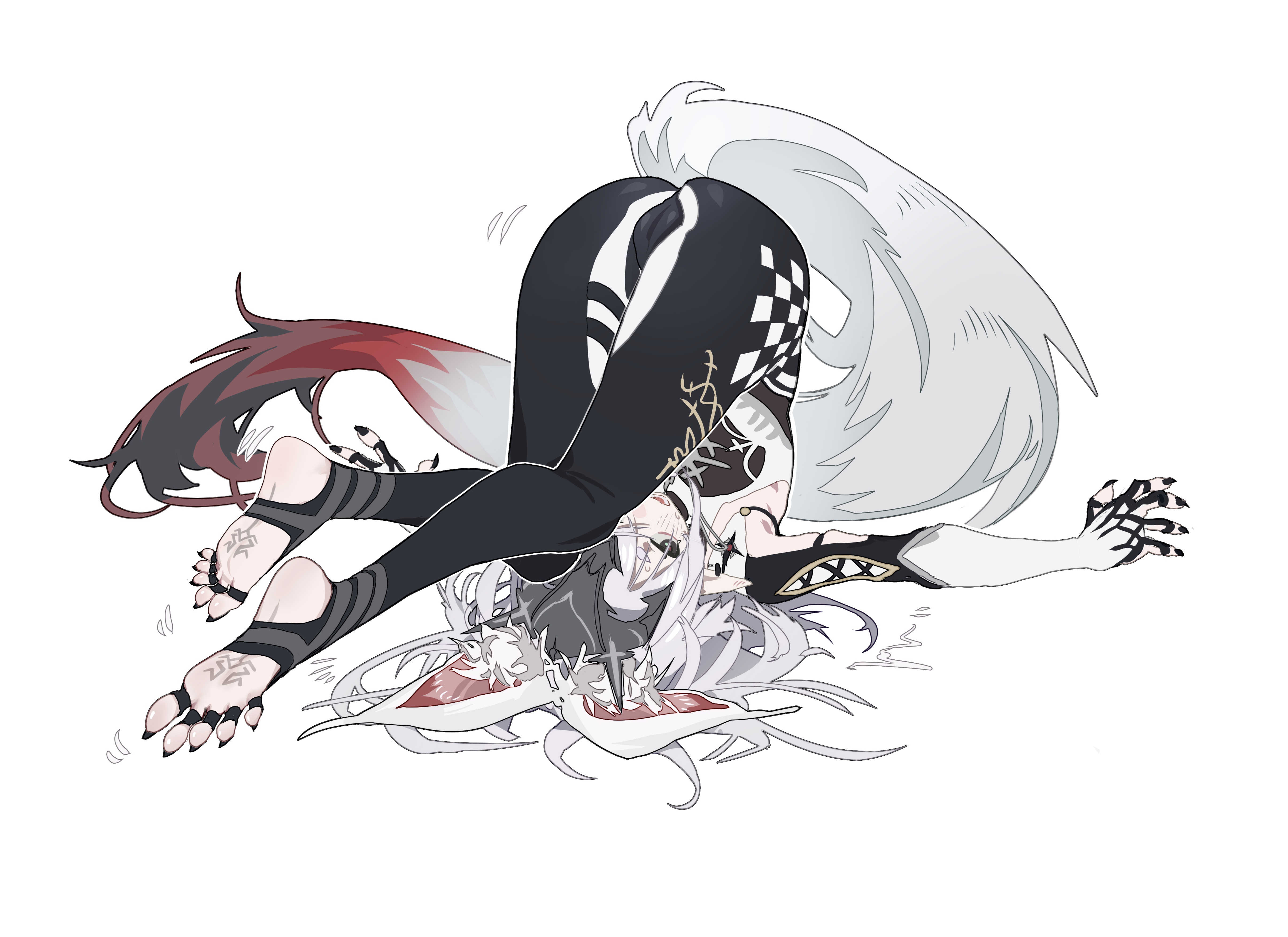 loongm, original, absurdres, commentary request, highres, 1girl, animal ears, armpit cutout, black nails, clothing cutout, feet, fox, pointy ears, soles, stirrup legwear, toeless legwear, toes, white hair