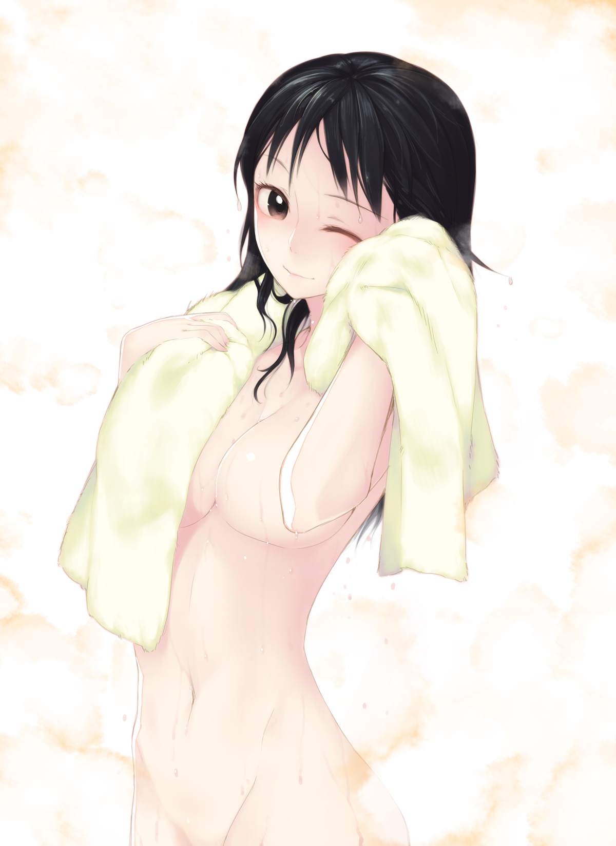 kimura daisuke, original, bad id, bad pixiv id, highres, 1girl, black hair, breasts, brown eyes, censored, convenient censoring, female focus, long hair, navel, nude, one eye closed, small breasts, smile, solo, steam, towel, wet, wink