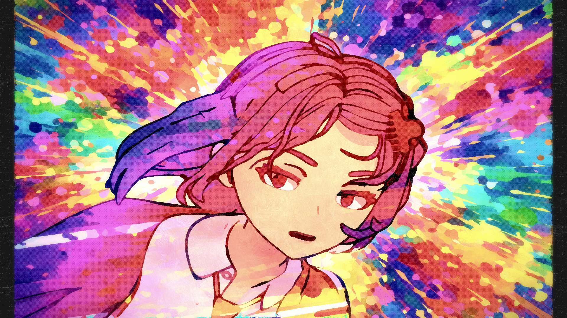 koishit (artist), mila (miside), mita (miside), miside, highres, 1girl, alternate color, black eyes, colorful, hair ornament, lineart, looking at viewer, open mouth