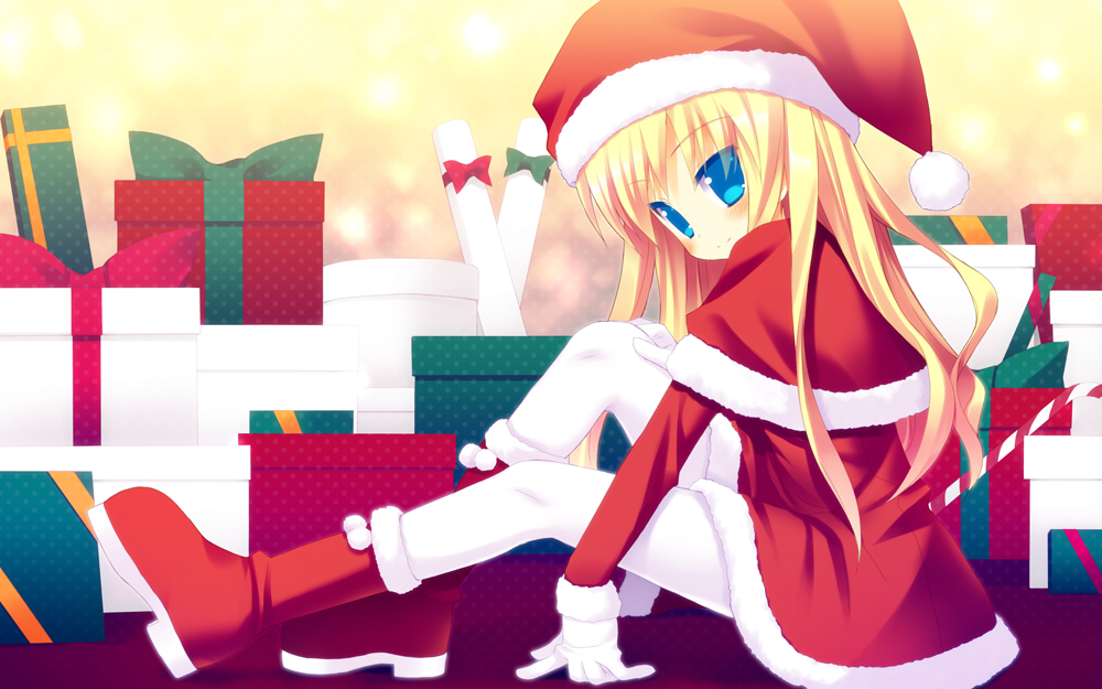 meito (maze), 1girl, blonde hair, blue eyes, blush, boots, christmas, female focus, gift, gloves, hat, long hair, pantyhose, santa costume, santa hat, sitting, smile, solo, white gloves, white pantyhose