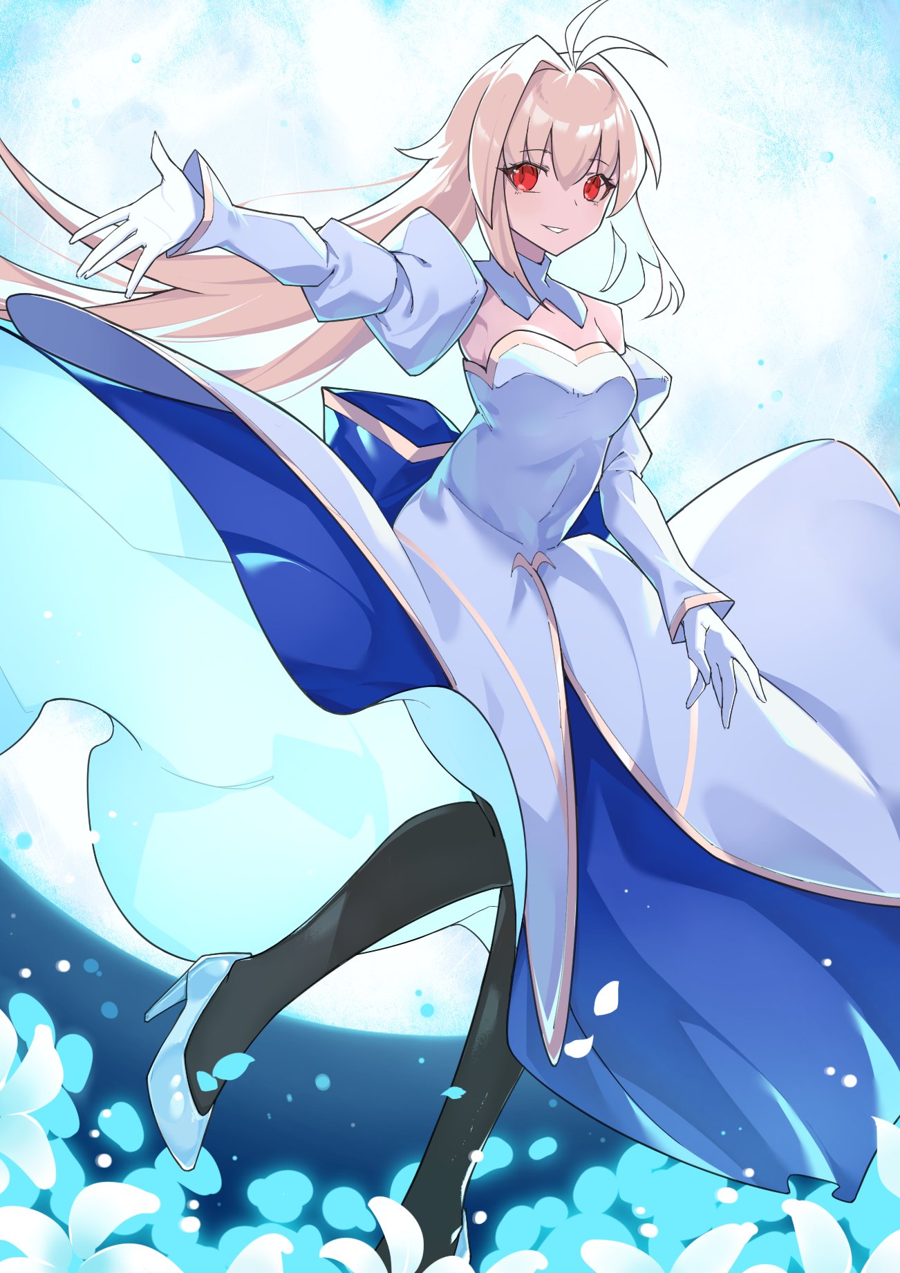 tierra misu, archetype earth, arcueid brunestud, tsukihime, highres, 1girl, black pantyhose, blonde hair, breasts, detached sleeves, dress, foot out of frame, full moon, gloves, high heels, long hair, moon, night, pantyhose, parted lips, red eyes, smile, solo, strapless, strapless dress, white dress, white gloves, white sleeves