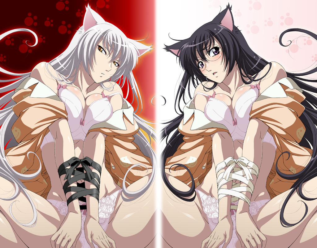 isse, black hanekawa, hanekawa tsubasa, bakemonogatari, monogatari (series), nekomonogatari, 00s, 10s, 2girls, animal ears, bare shoulders, bdsm, black eyes, black hair, blush, bondage, bound, bound arms, bow, bow bra, bow panties, bra, breasts, brown eyes, cleavage, glasses, large breasts, lingerie, long hair, mirror opposites, multiple girls, open clothes, orange pajamas, pajamas, panties, polar opposites, purple eyes, ribbon, spread legs, symmetry, underwear, very long hair, white bra, white hair, white panties, yellow eyes