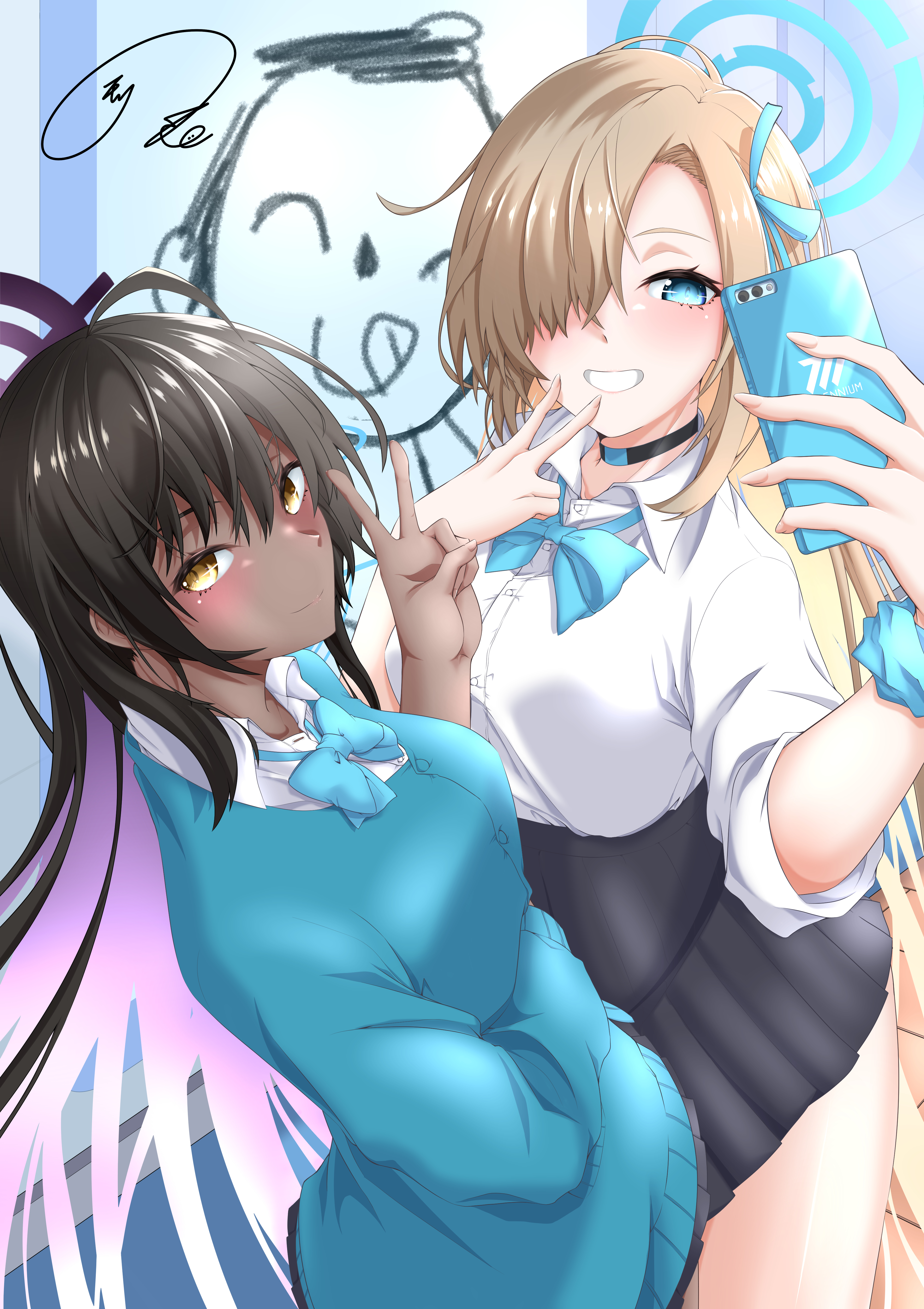 maximum7010, asuna (blue archive), asuna (school uniform) (blue archive), doodle sensei (blue archive), karin (blue archive), karin (school uniform) (blue archive), sensei (blue archive), blue archive, absurdres, commentary, highres, 2girls, :d, :q, ahoge, arm under breasts, black choker, black hair, black skirt, blonde hair, blue bow, blue bowtie, blue cardigan, blue eyes, blue halo, blue scrunchie, blush, bow, bowtie, breasts, buttons, cardigan, cellphone, character print, choker, closed mouth, collared shirt, colored inner hair, cowboy shot, dark-skinned female, dark skin, dutch angle, eyelashes, fingernails, grin, gyaru, hair between eyes, hair bow, hair over one eye, halo, hand up, happy, holding, holding phone, large breasts, long bangs, long hair, long sleeves, looking at viewer, miniskirt, multicolored hair, multiple girls, official alternate costume, official alternate hairstyle, one eye covered, open mouth, phone, pleated skirt, purple hair, purple halo, scrunchie, selfie, shirt, signature, skirt, sleeves rolled up, slit pupils, smartphone, smile, split mouth, straight hair, tongue, tongue out, two-tone hair, v, very long hair, white shirt, wrist scrunchie, yellow eyes