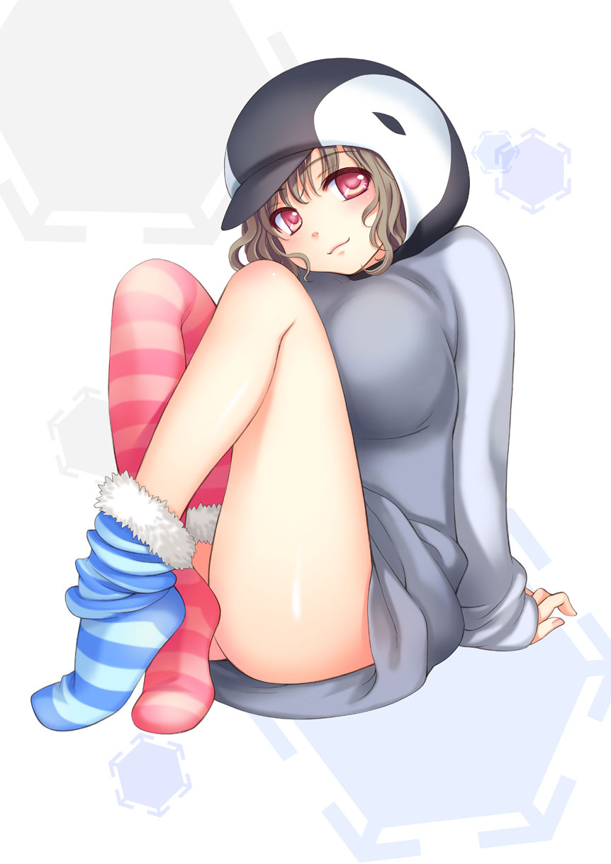 ginta, original, bad id, bad pixiv id, highres, 1girl, animal costume, ass, asymmetrical legwear, blush, breasts, brown hair, feet, female focus, full body, hat, large breasts, legs, loose thighhigh, mismatched legwear, penguin costume, pink eyes, sitting, smile, socks, solo, striped clothes, striped socks, striped thighhighs, thighhighs