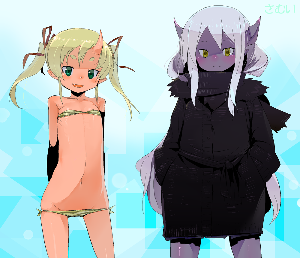 ume (datsuryokugen), copyright request, 2girls, bikini, blonde hair, blush, coat, colored skin, fang, flat chest, green eyes, horns, loli, long hair, lowleg, lowleg bikini, monster girl, multiple girls, oni, pink skin, purple skin, scarf, side-tie bikini bottom, smile, swimsuit, twintails, white hair, yellow eyes