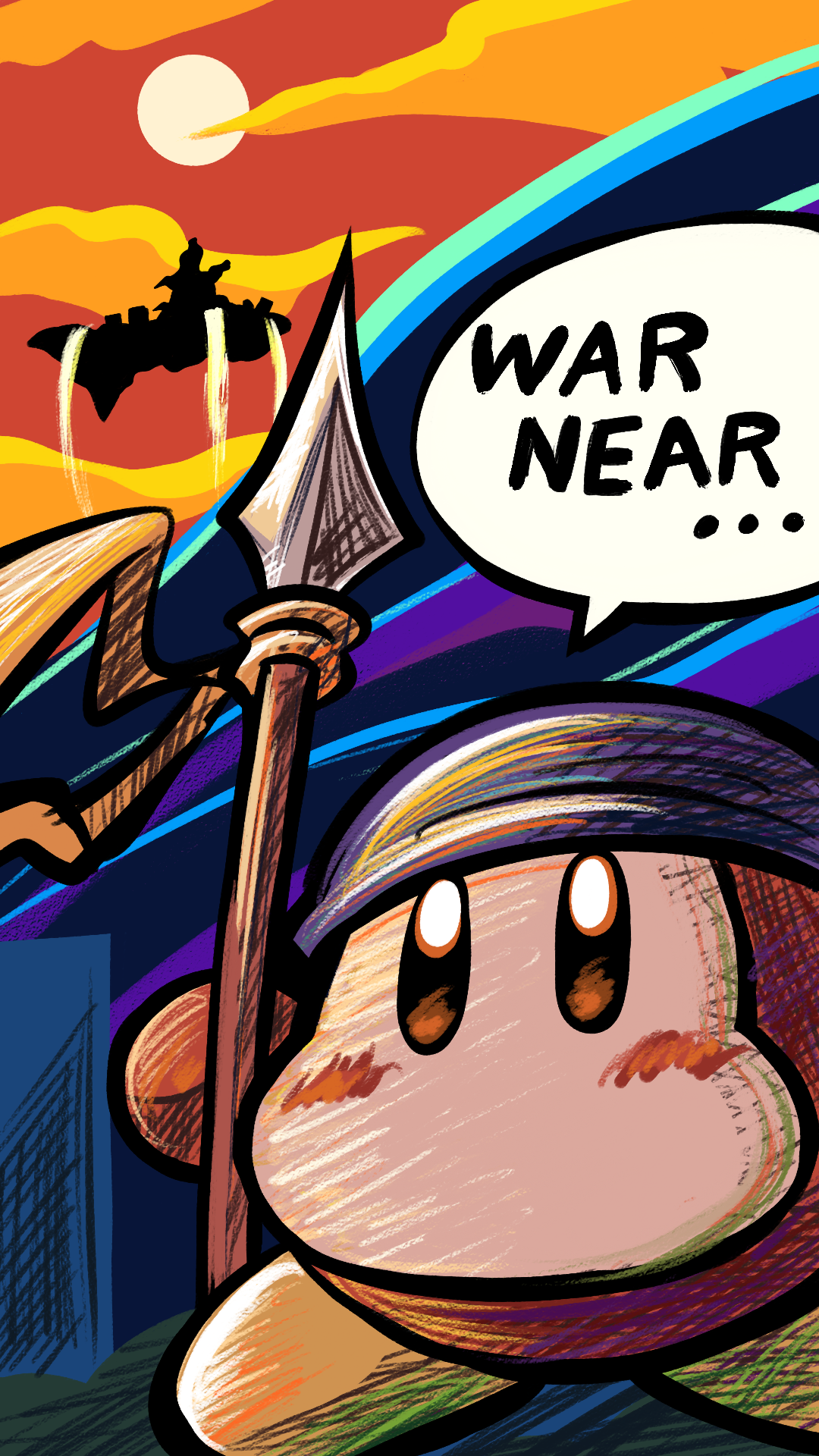ddddndn, bandana waddle dee, kirby (series), kirby air ride, kirby air riders, nintendo, commentary request, highres, bandana, blue bandana, blush stickers, colored skin, floating island, holding, holding polearm, holding weapon, no humans, orange skin, polearm, solo, spear, sunset, weapon