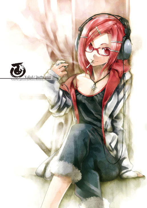 kei (keigarou), nanako (kei), original, 1girl, cigarette, crossed legs, female focus, glasses, hair ornament, hairclip, headphones, jacket, jewelry, necklace, red eyes, red hair, ring, sitting, smoking, solo