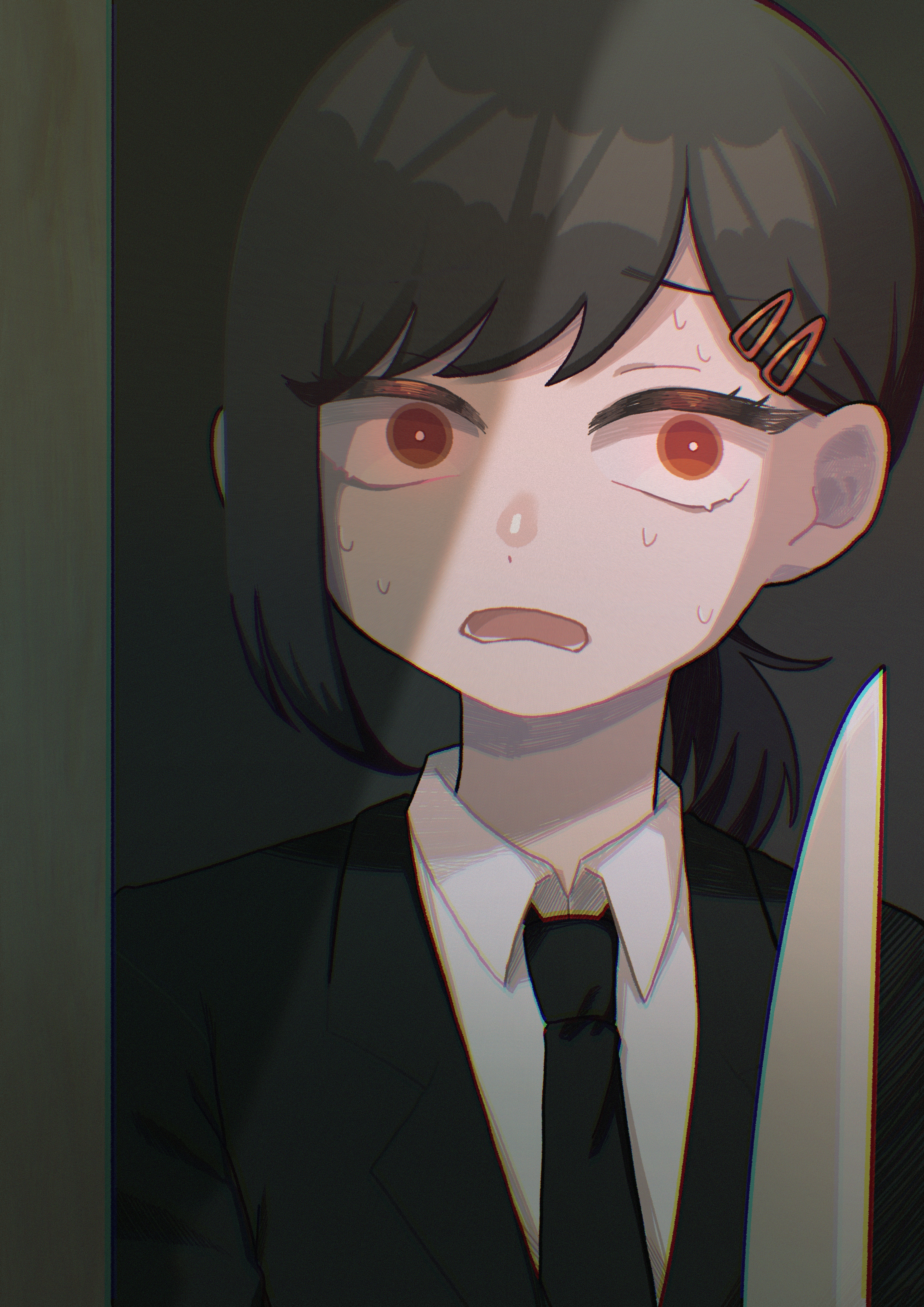 yksm oe, higashiyama kobeni, chainsaw man, absurdres, commentary request, highres, 1girl, black background, black hair, black jacket, black necktie, chromatic aberration, collared shirt, film grain, frown, hair behind ear, hair ornament, hairclip, holding, holding knife, jacket, knife, low ponytail, lower teeth only, medium hair, necktie, open mouth, partially shaded face, ponytail, raised inner eyebrows, scared, shirt, simple background, single eyebrow, single sidelock, solo, sweat, swept bangs, teeth, upper body, white shirt, wide-eyed