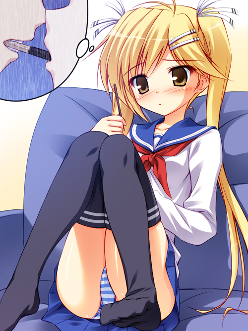 yuku (kiollion), kirishima akari, flex comix, nyan koi!, 00s, 1girl, blush, female focus, flat chest, food, hair ornament, hairclip, imagining, loli, panties, pantyshot, pocky, pocky kiss, school uniform, serafuku, shared food, solo, striped clothes, striped panties, thighhighs, underwear