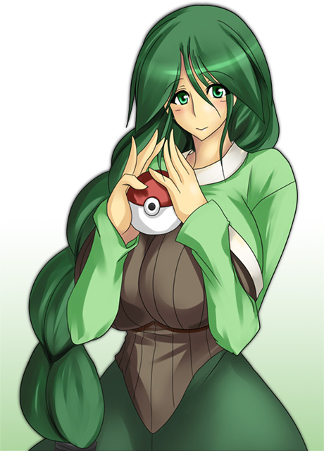 umino mokuzu (a4 size), cheryl (pokemon), nintendo, pokemon, french braid, braid, breasts, green eyes, green hair, large breasts, long hair, poke ball, solo, very long hair