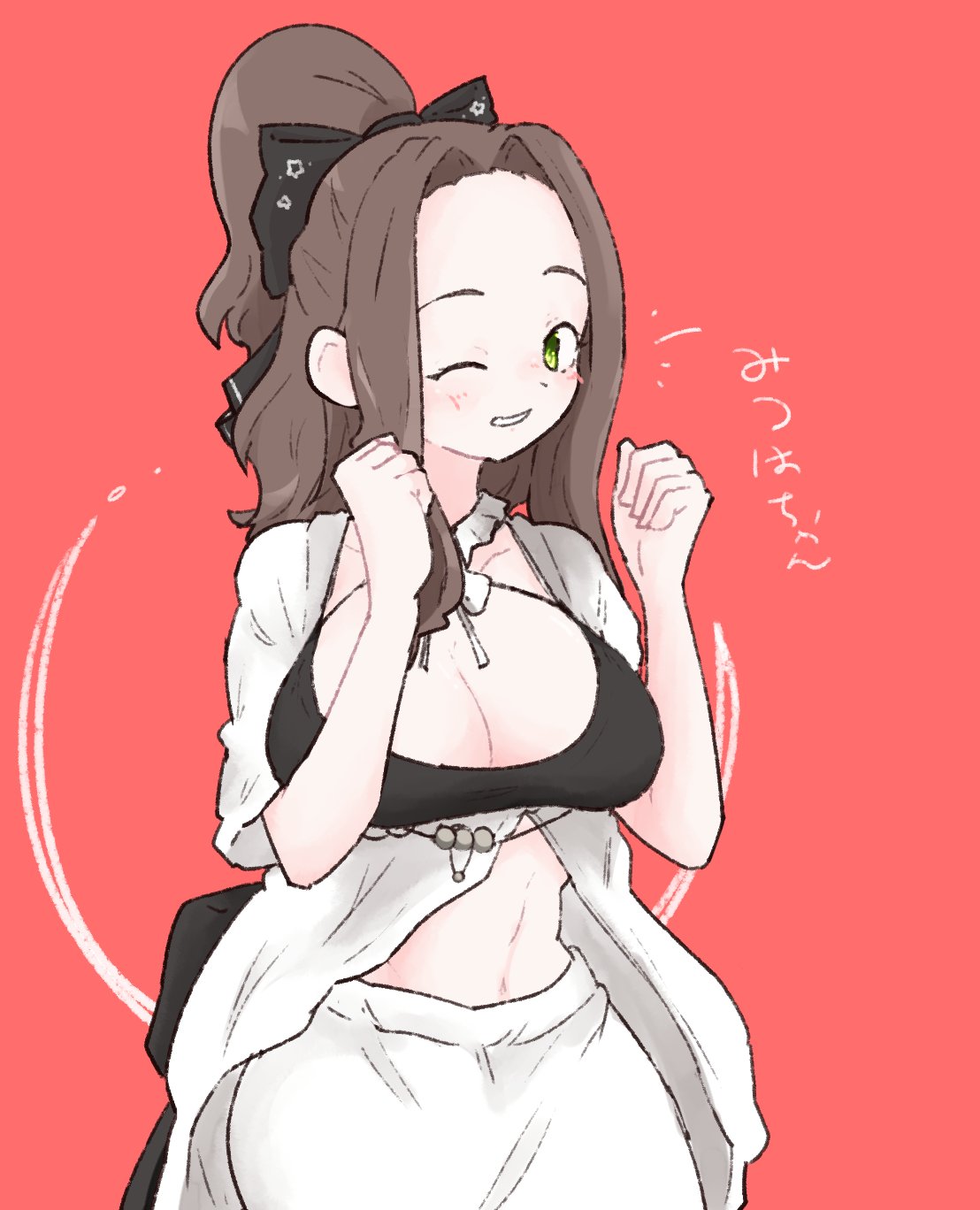 olto rondo, original, highres, translation request, 1girl, black bow, black bra, blush, bow, bra, breasts, brown hair, cleavage, clenched hands, cowboy shot, forehead, green eyes, hair bow, hands up, large breasts, long hair, looking at viewer, one eye closed, open clothes, open shirt, raised eyebrow, red background, shirt, short sleeves, skirt, smile, solo, tareme, underwear, white shirt, white skirt