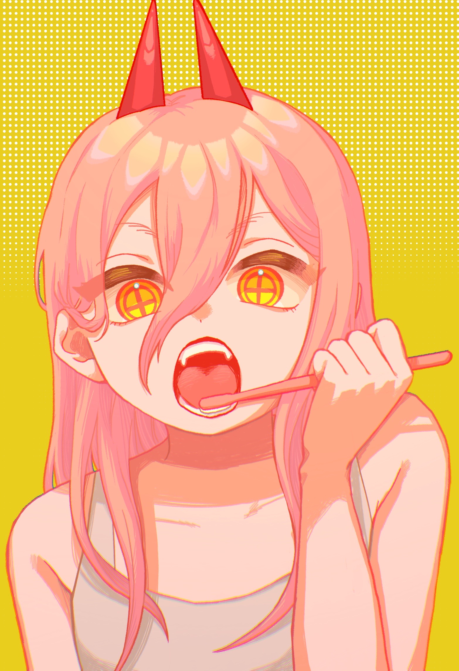 yksm oe, power (chainsaw man), chainsaw man, commentary request, highres, 1girl, bare arms, bare shoulders, brushing teeth, chromatic aberration, collarbone, cross-shaped pupils, demon girl, demon horns, double-parted bangs, downturned eyes, eyes visible through hair, hair behind ear, hair between eyes, hair over shoulder, halftone, halftone background, hand up, holding, holding toothbrush, horns, long hair, long hair between eyes, looking at viewer, open mouth, orange hair, red horns, reverse grip, simple background, solo, symbol-shaped pupils, tank top, teeth, tongue, toothbrush, upper body, white tank top, yellow background, yellow eyes