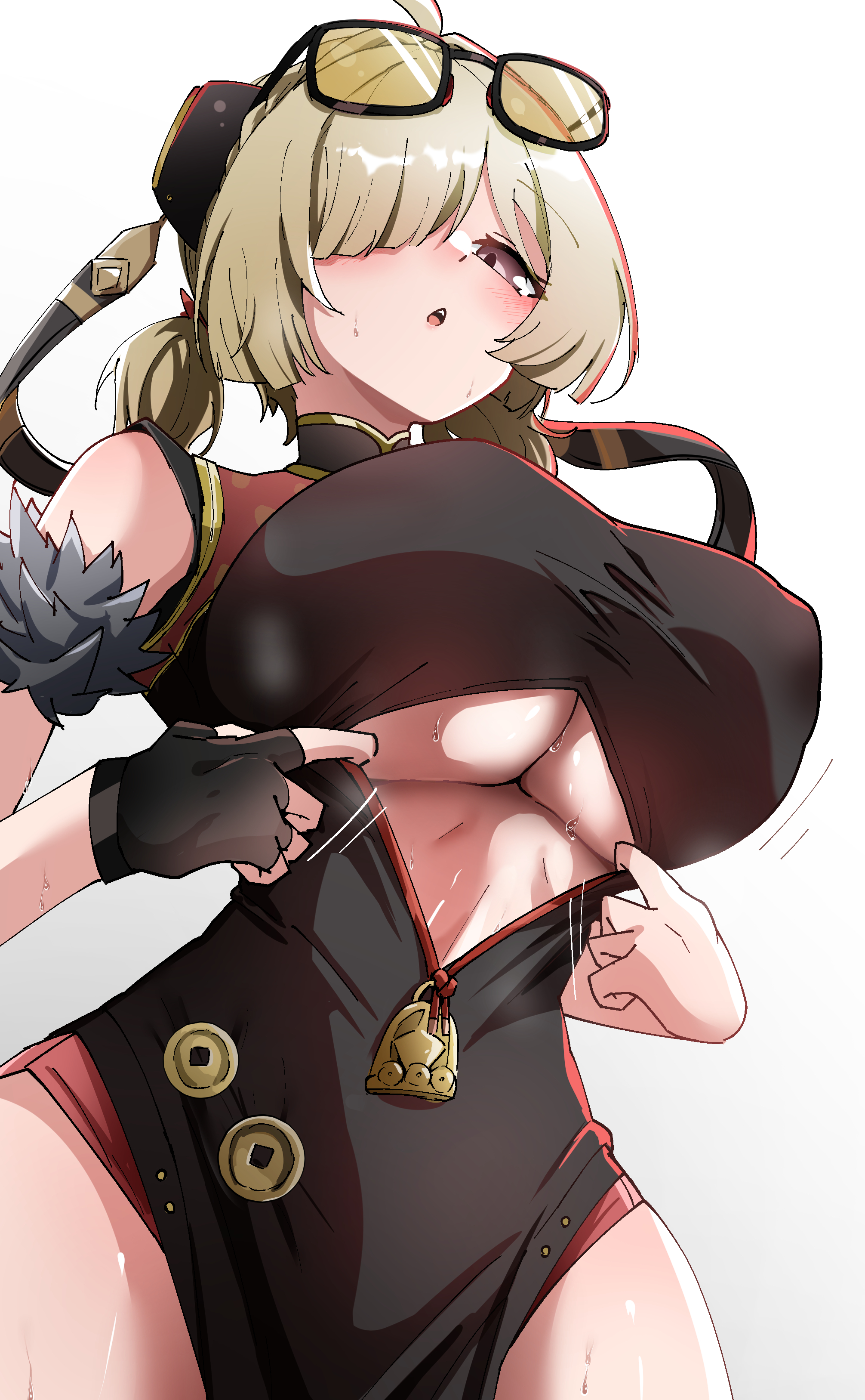 caseee999, sweety (zenless zone zero), zenless zone zero, absurdres, commentary request, highres, ahoge, black dress, black gloves, blonde hair, braid, braided ponytail, breasts, china dress, chinese clothes, clothing cutout, dress, eyewear on head, fingerless gloves, gloves, hair over one eye, large breasts, long hair, looking at viewer, open mouth, red eyes, sunglasses, underboob, underboob cutout