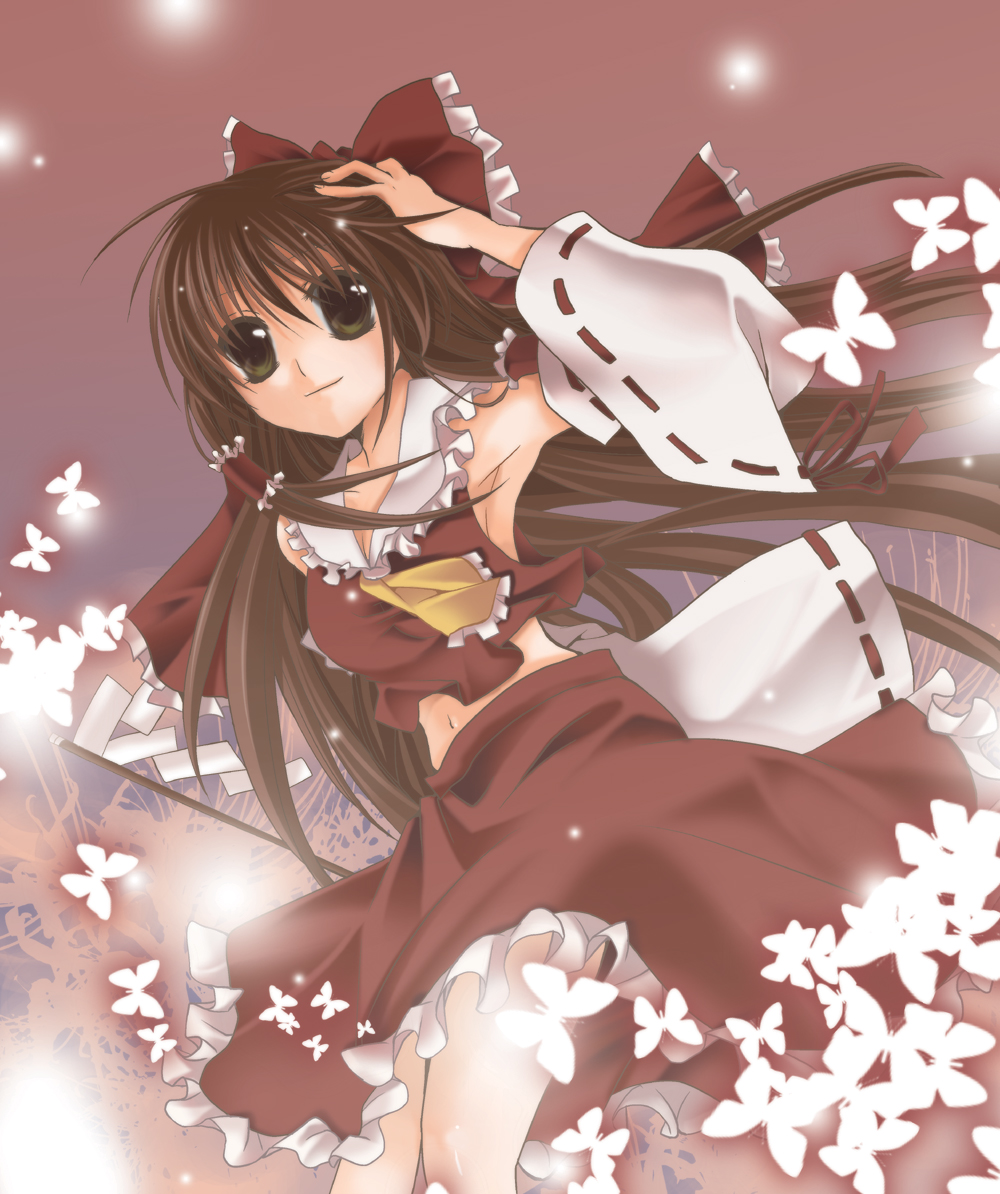 yanagise, hakurei reimu, touhou, bad id, bad pixiv id, 1girl, armpits, bow, brown eyes, brown hair, bug, butterfly, detached sleeves, female focus, gohei, hair bow, japanese clothes, long hair, midriff, miko, navel, solo
