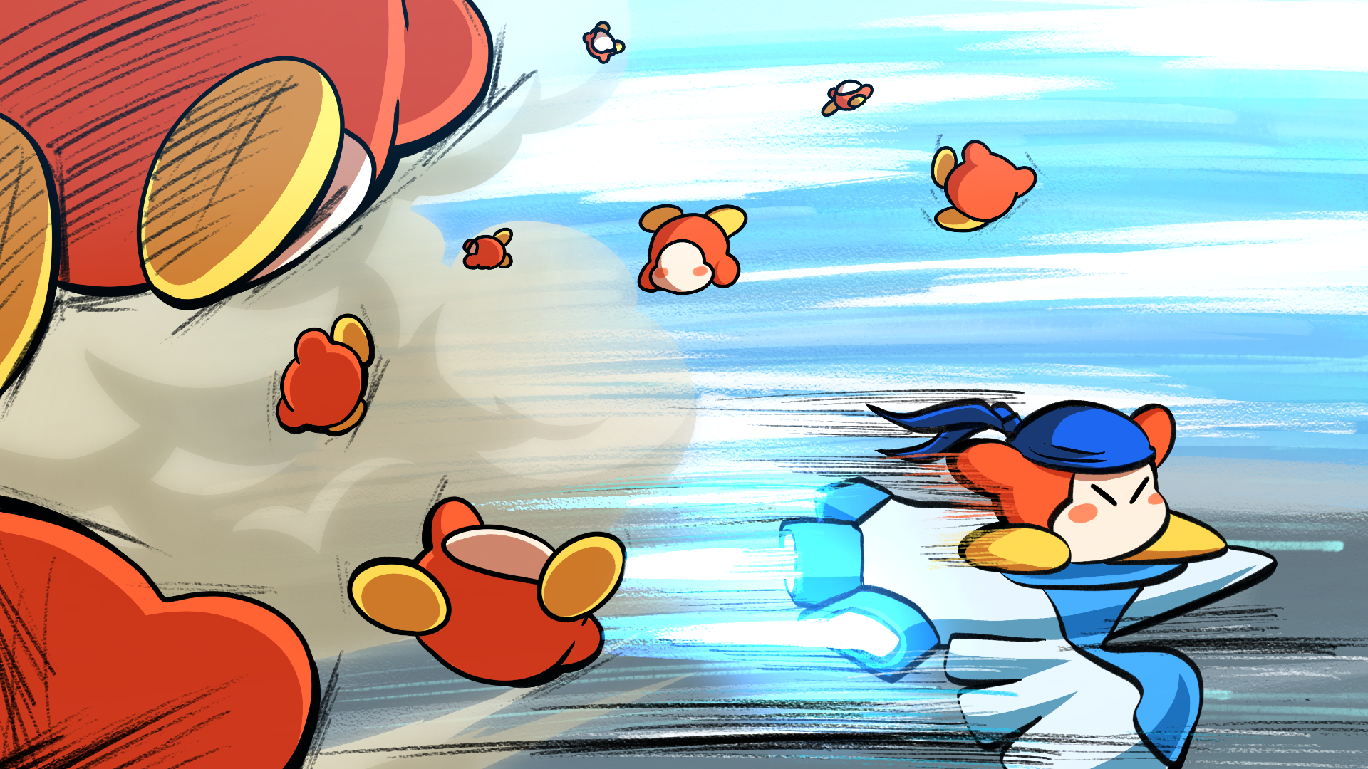 ddddndn, bandana waddle dee, waddle dee, kirby (series), kirby air ride, kirby air riders, nintendo, commentary request, highres, bandana, blown away, blue bandana, blush stickers, closed eyes, colored skin, motion lines, no humans, orange skin, scene reference, wing star